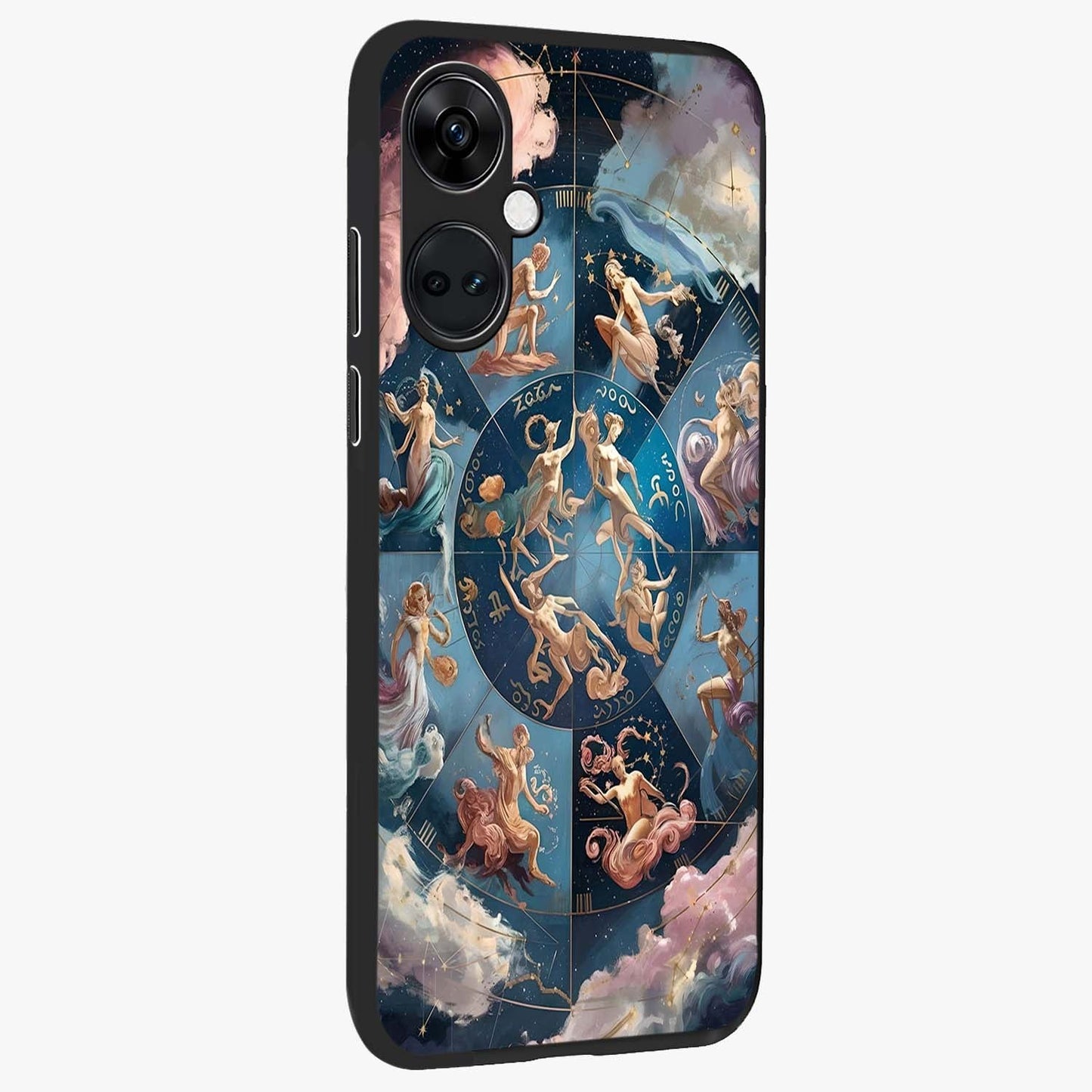 Celestial Signs Dance Glass Case for 1+Nord CE 3 side perspective highlighting flowing celestial patterns and sleek edges