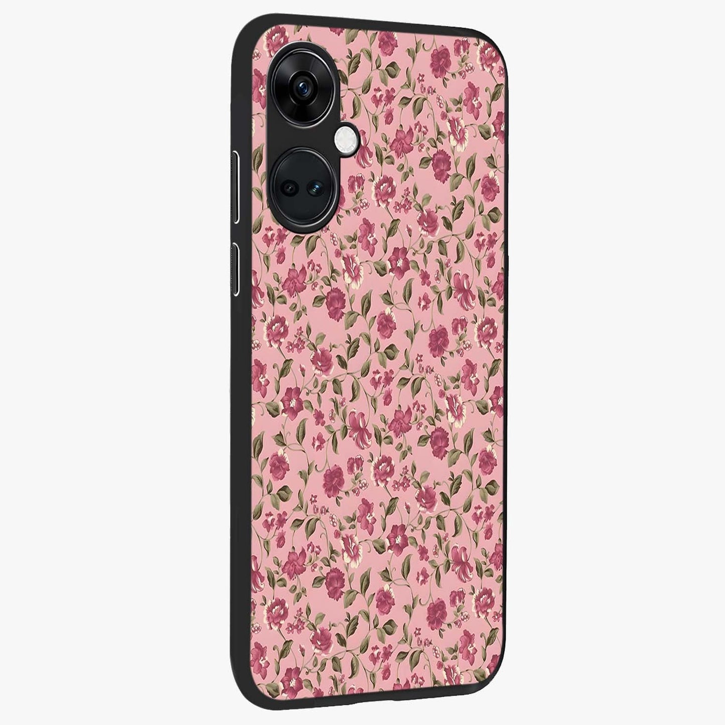 Charming Pink Floral Glass Case for 1+Nord CE 3 side perspective highlighting subtle floral textures and smooth edges