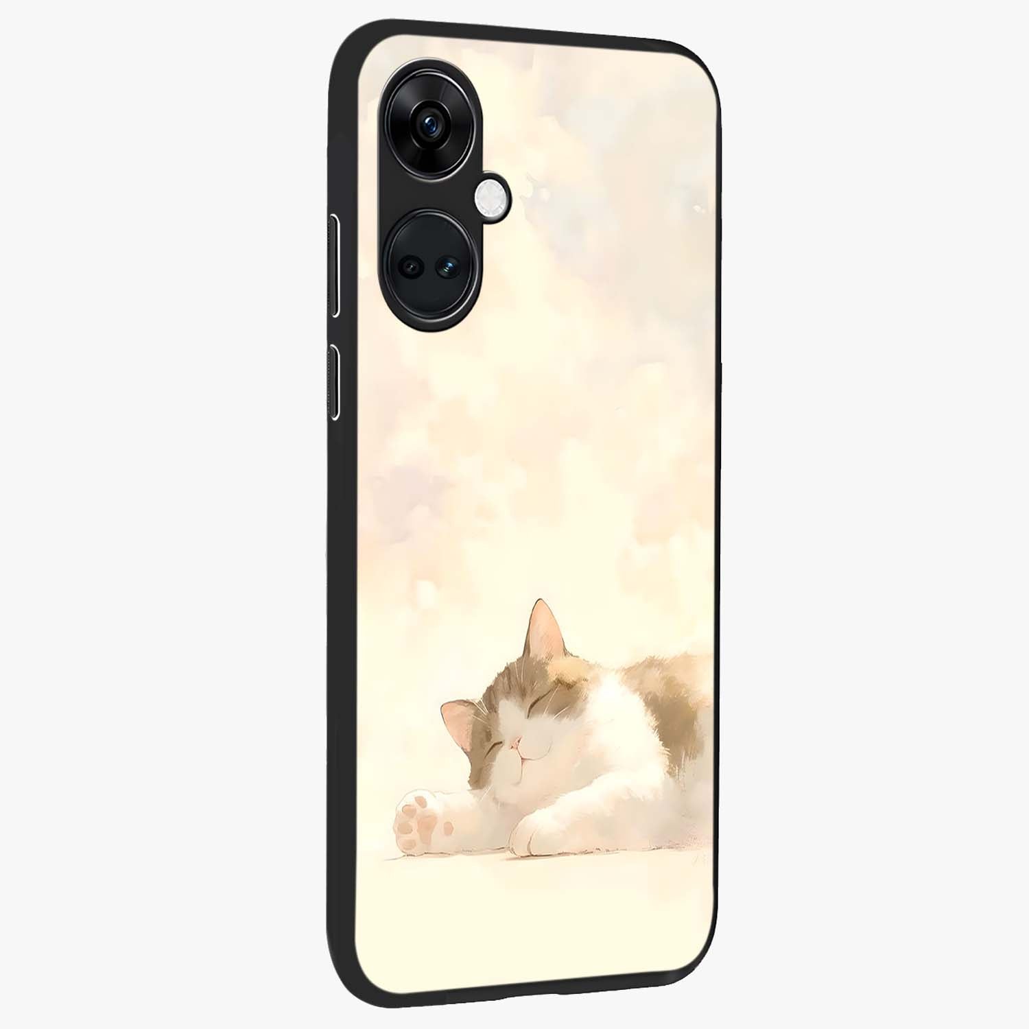 Cloud Nap Cat Glass Case for 1+Nord CE 3 side perspective highlighting charming feline details and premium edge finish