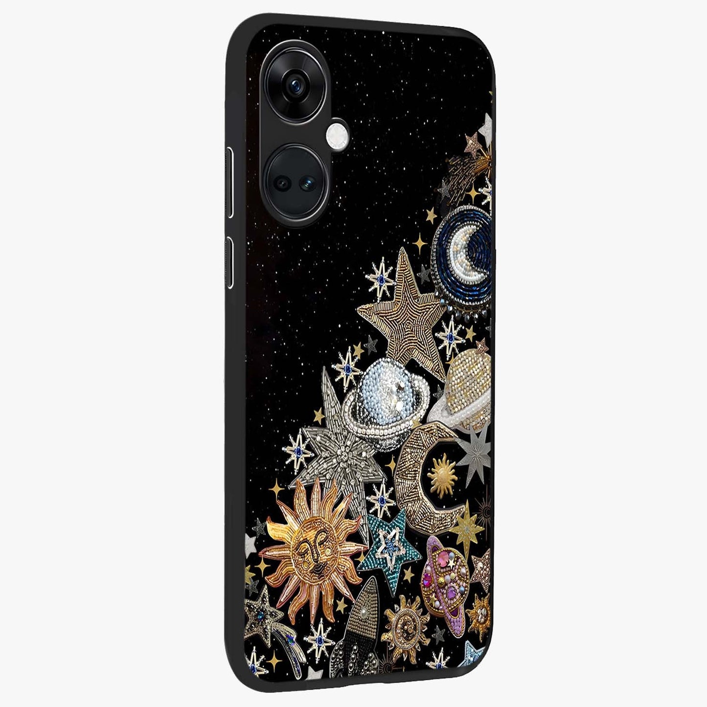 Cosmic Sparkle Dreams Glass Case for 1+Nord Ce 3 side perspective highlighting shimmering textures and sleek edges