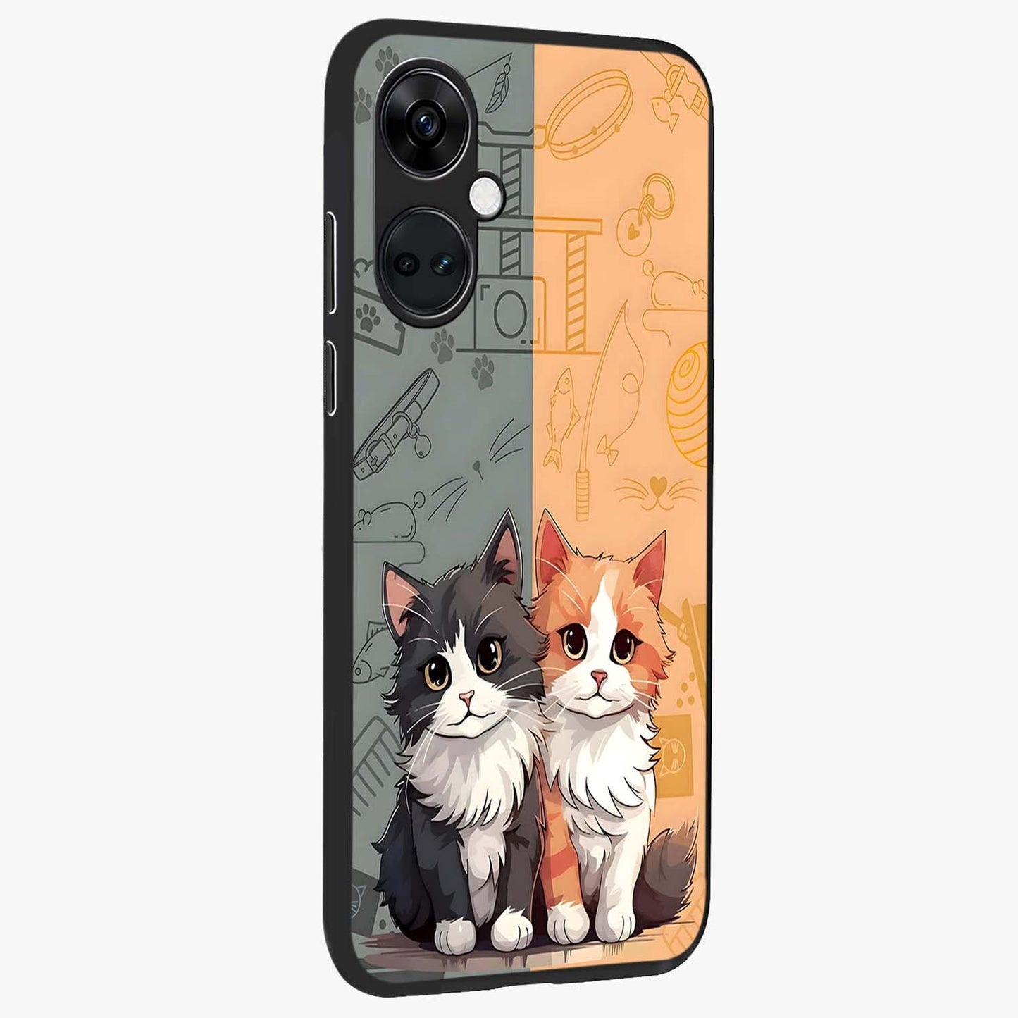 Cozy Cat Duo Glass Case for 1+Nord CE 3 side perspective highlighting playful cat detailing and sleek edges