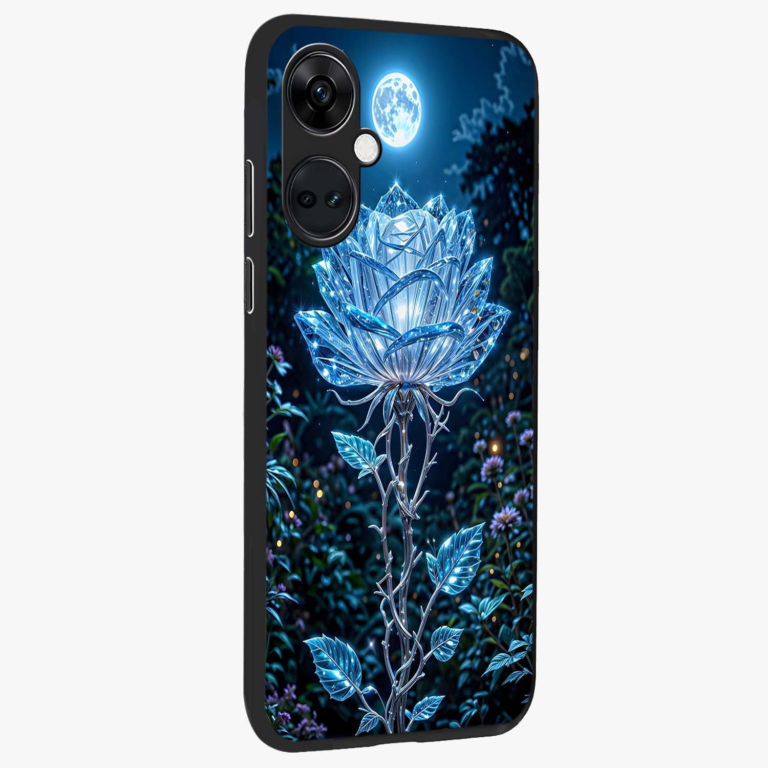 Crystal Moon Lotus Glass Case for 1+Nord CE 3 side perspective highlighting soft celestial tones and premium edge finish