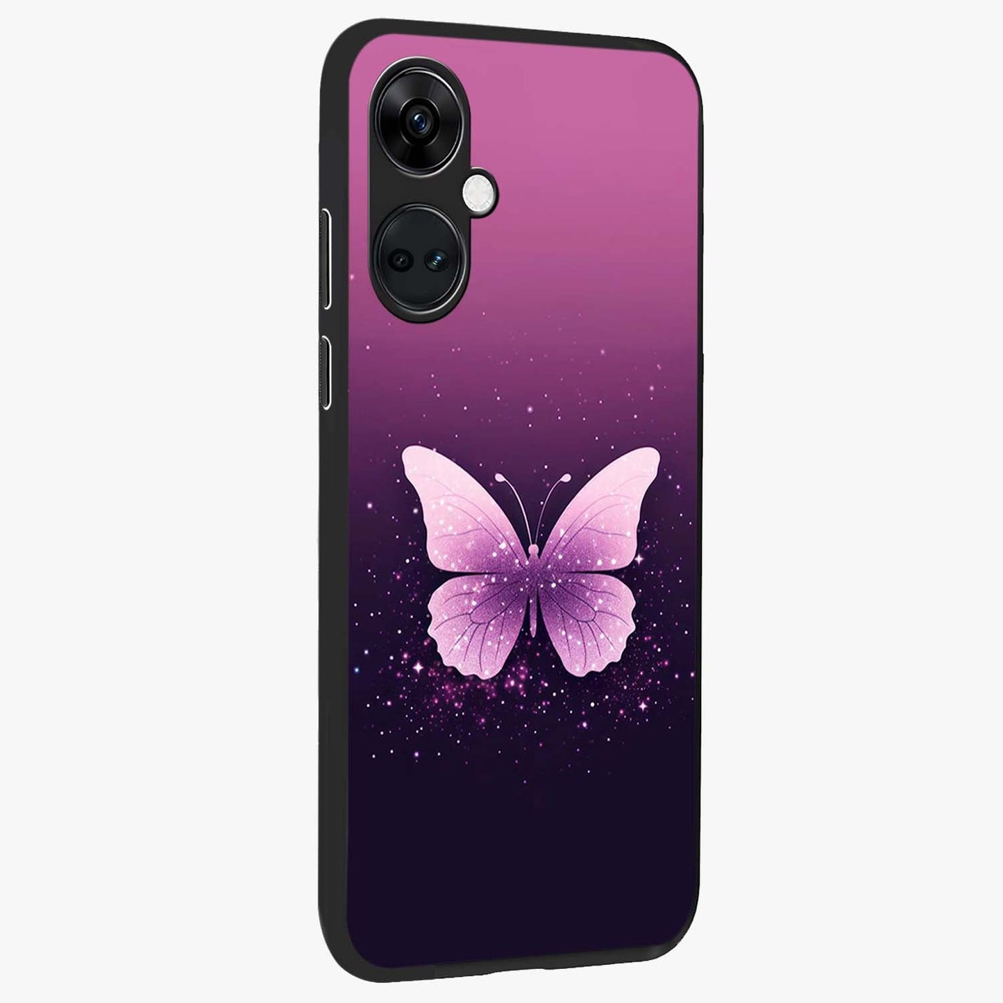 Cute Starry Butterfly Glass Case for 1+Nord CE 3 side perspective highlighting glowing star details and sleek edge finish