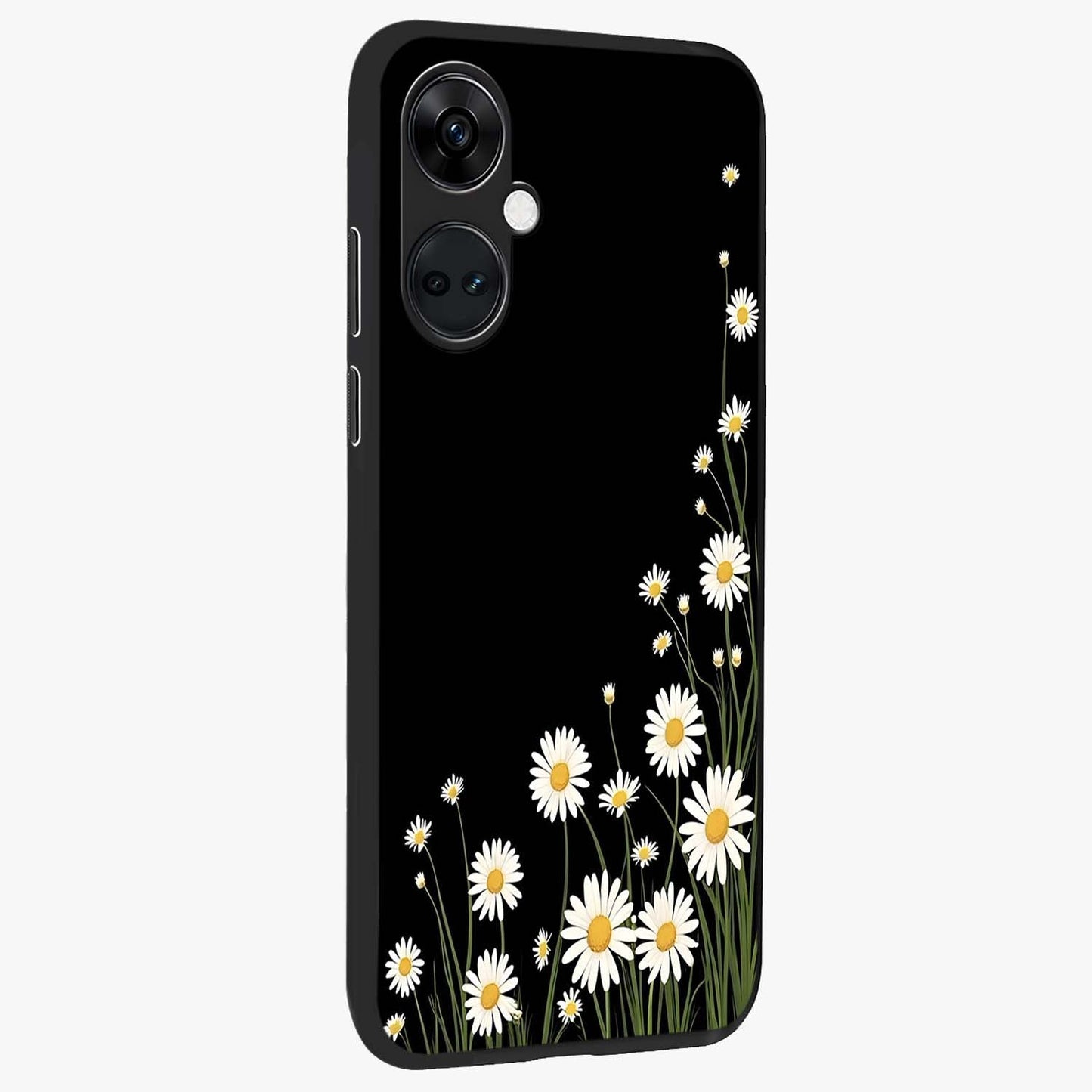 Daisy Cascade on Black Glass Case for 1+Nord CE 3 side perspective highlighting delicate daisy detailing and smooth edges