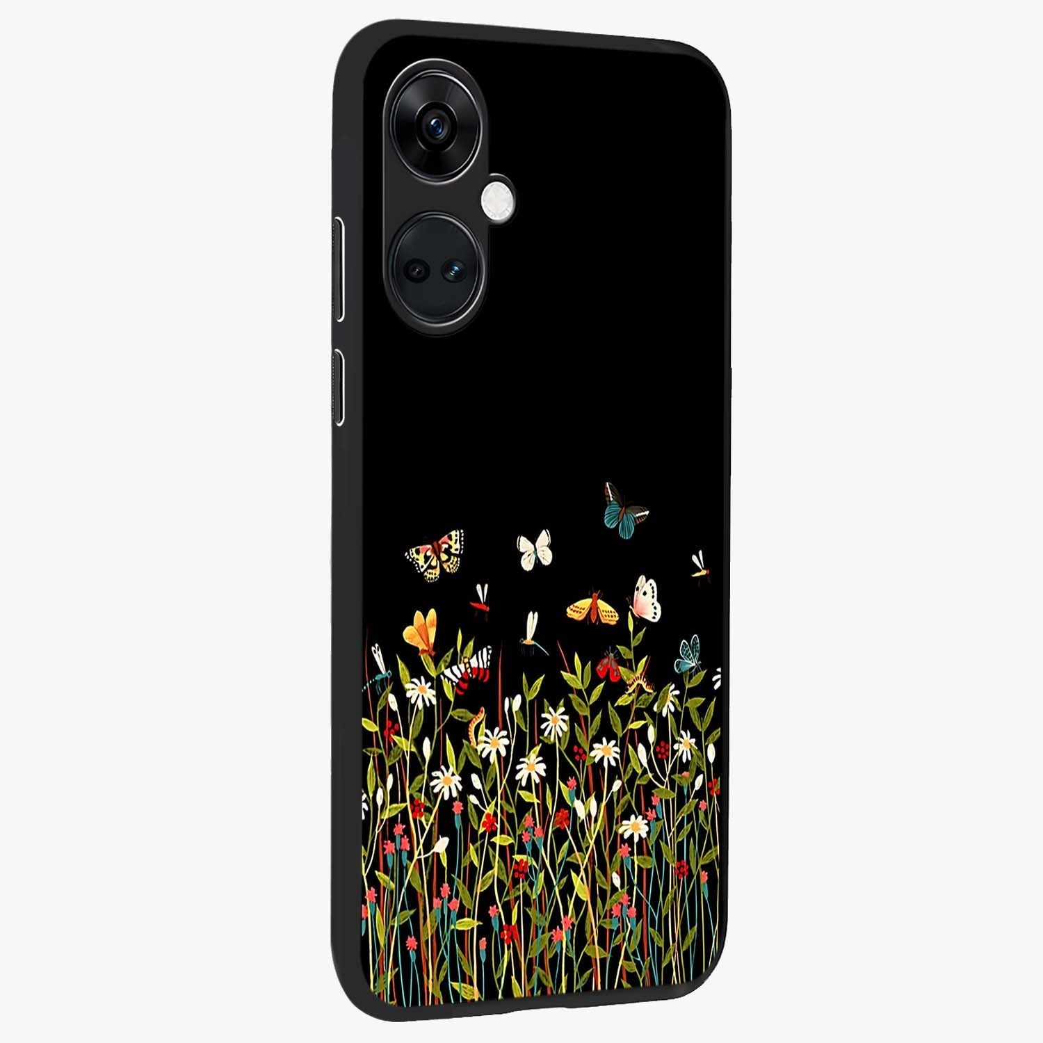 Dark Bloom Wonderland Custom Name Glass Case for 1+Nord Ce 3 side perspective highlighting custom typography detailing and smooth edges