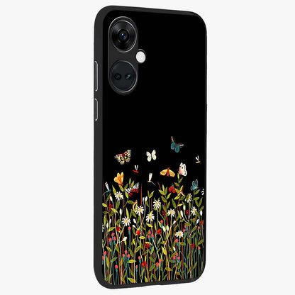 Dark Bloom Wonderland Custom Name Glass Case for 1+Nord Ce 3 side perspective highlighting custom typography detailing and smooth edges