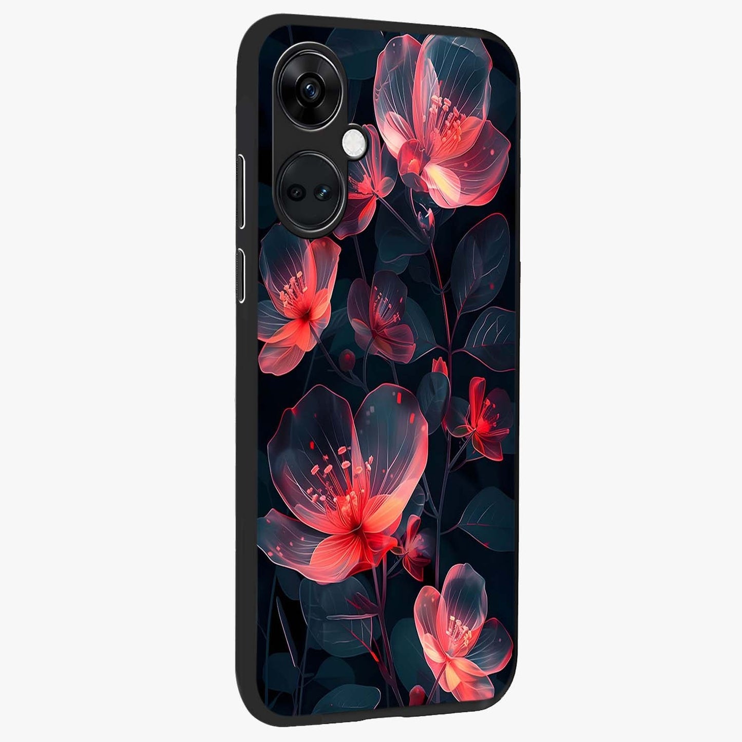 Dark Shade of Flower Glass Case for 1+Nord Ce 3 side perspective highlighting elegant dark floral textures and sleek build