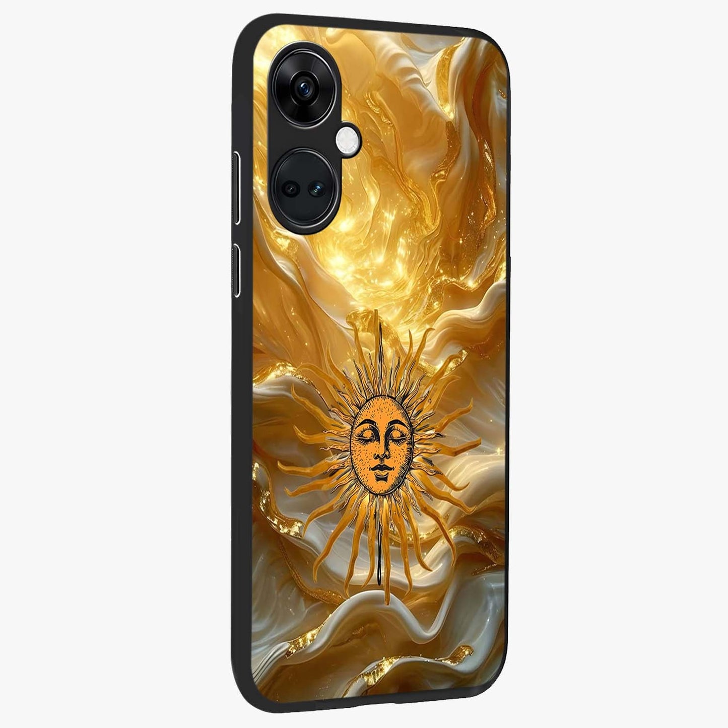 Eternal Golden Glow Glass Case for 1+Nord Ce 3 side perspective highlighting rich glow detailing and premium edges