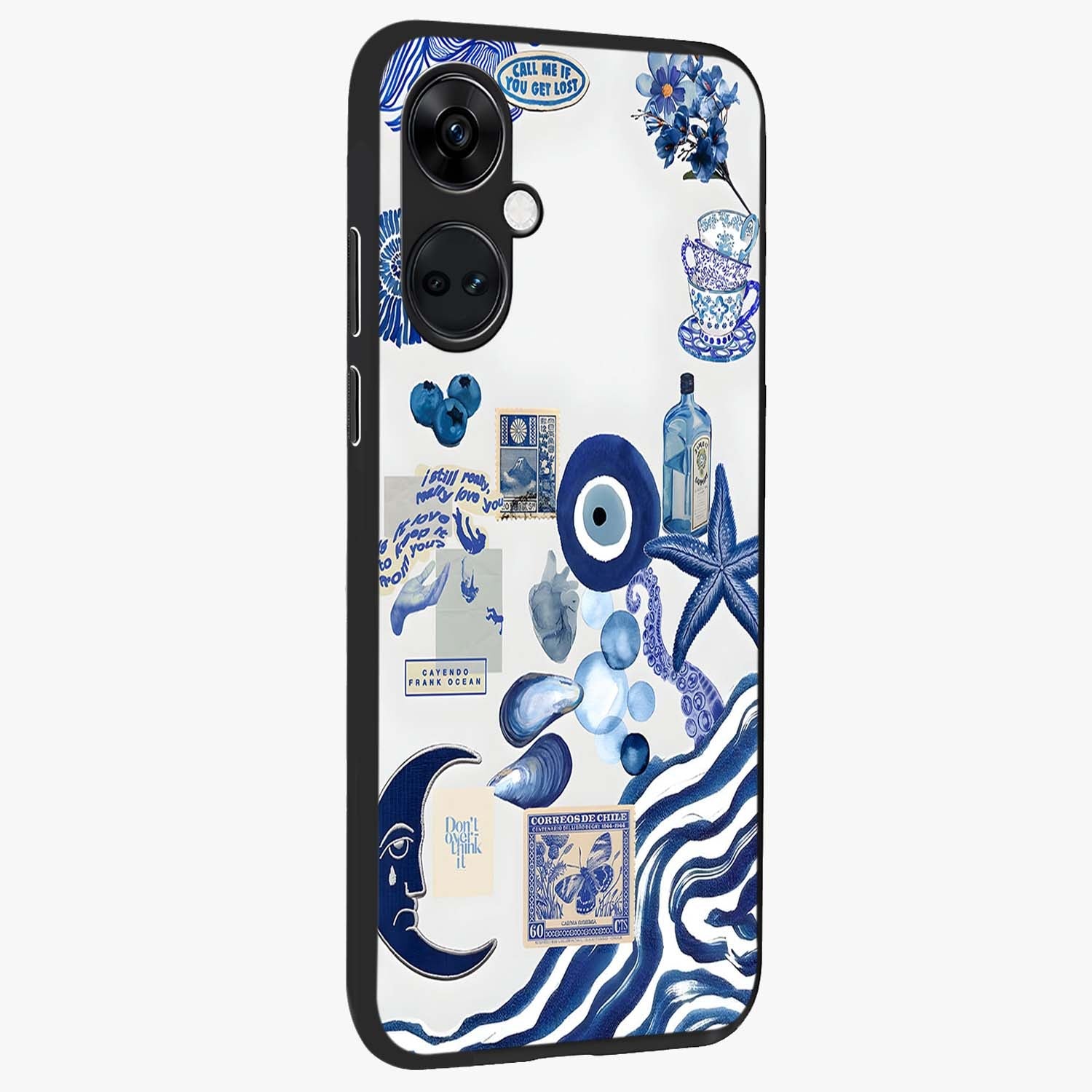 Evil Eyes Dark Blue Glass Case for 1+Nord Ce 3 side perspective highlighting intense blue detailing and premium build