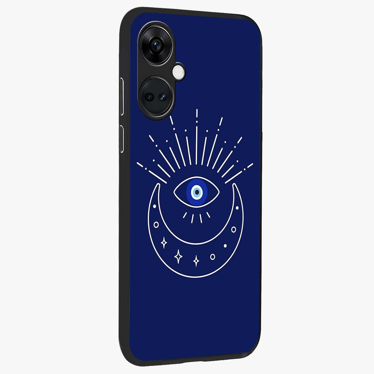 Evil Eye With Blue Themed Collage Glass Case for 1+Nord Ce 3 side perspective highlighting bold collage detailing and smooth edges
