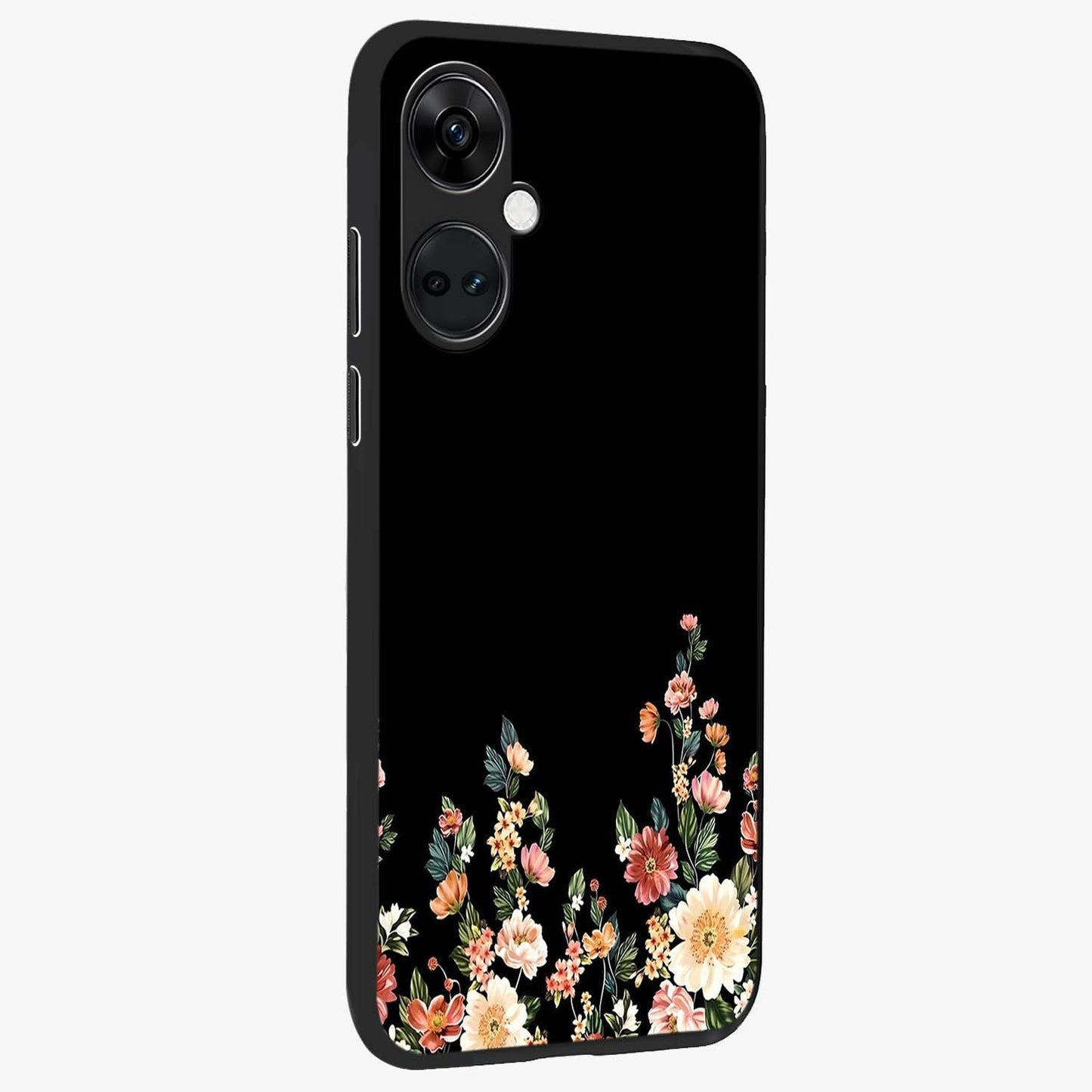 Floral Design With a Custom Personalized Name Glass Case for 1+Nord CE 3 side perspective highlighting custom typography and premium edges