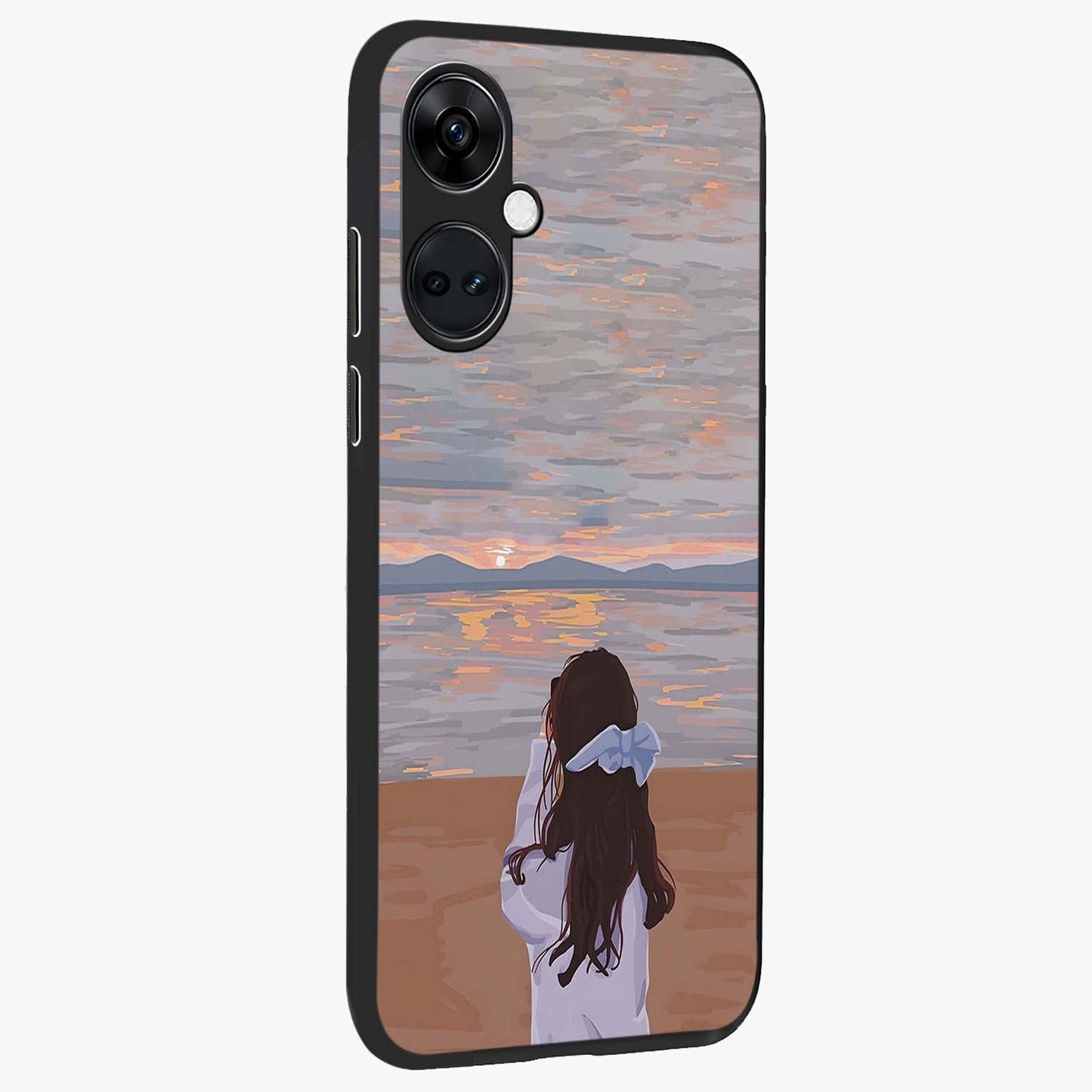 Girl Facing Sunset Beach Glass Case for 1+Nord Ce 3 side perspective highlighting calming sunset gradients and smooth edges