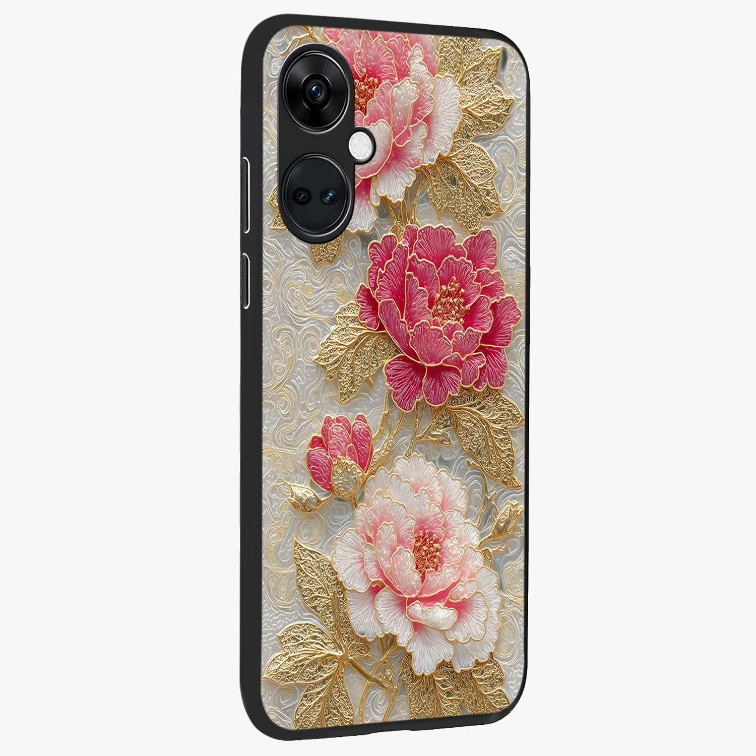 Golden Blossom Elegance Glass Case for 1+Nord CE 3 side perspective highlighting delicate floral textures and sleek build