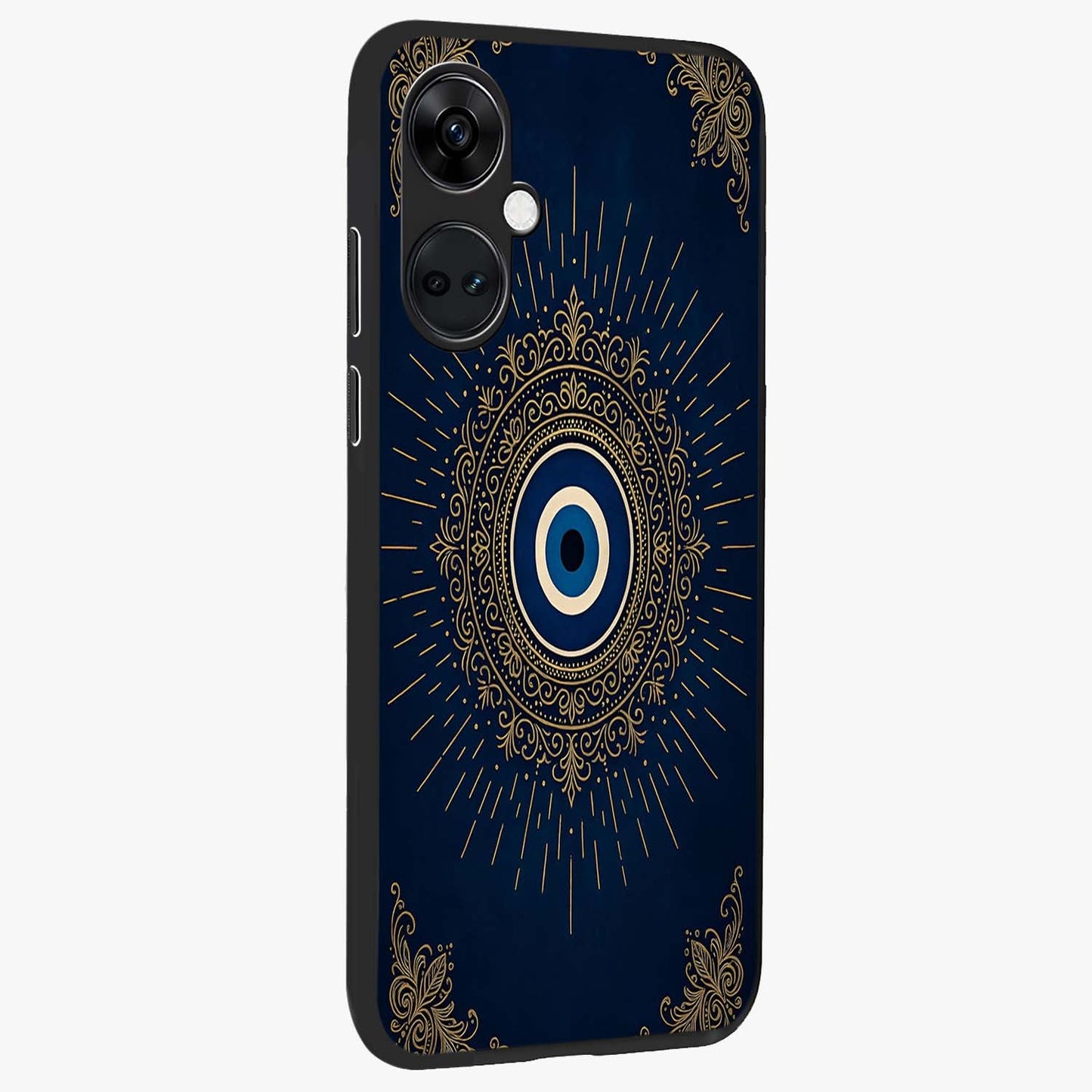 Golden Evil Eye Mandala Glass Case for 1+Nord Ce 3 side perspective highlighting rich textures and sleek premium build