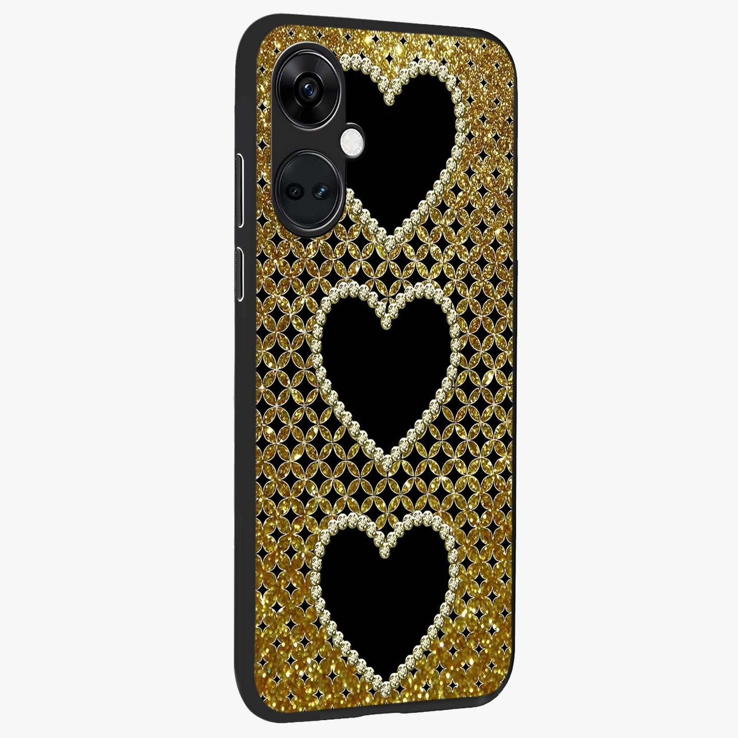 Golden Heart Glow Glass Case for 1+Nord Ce 3 side perspective highlighting smooth heart detailing and premium edges