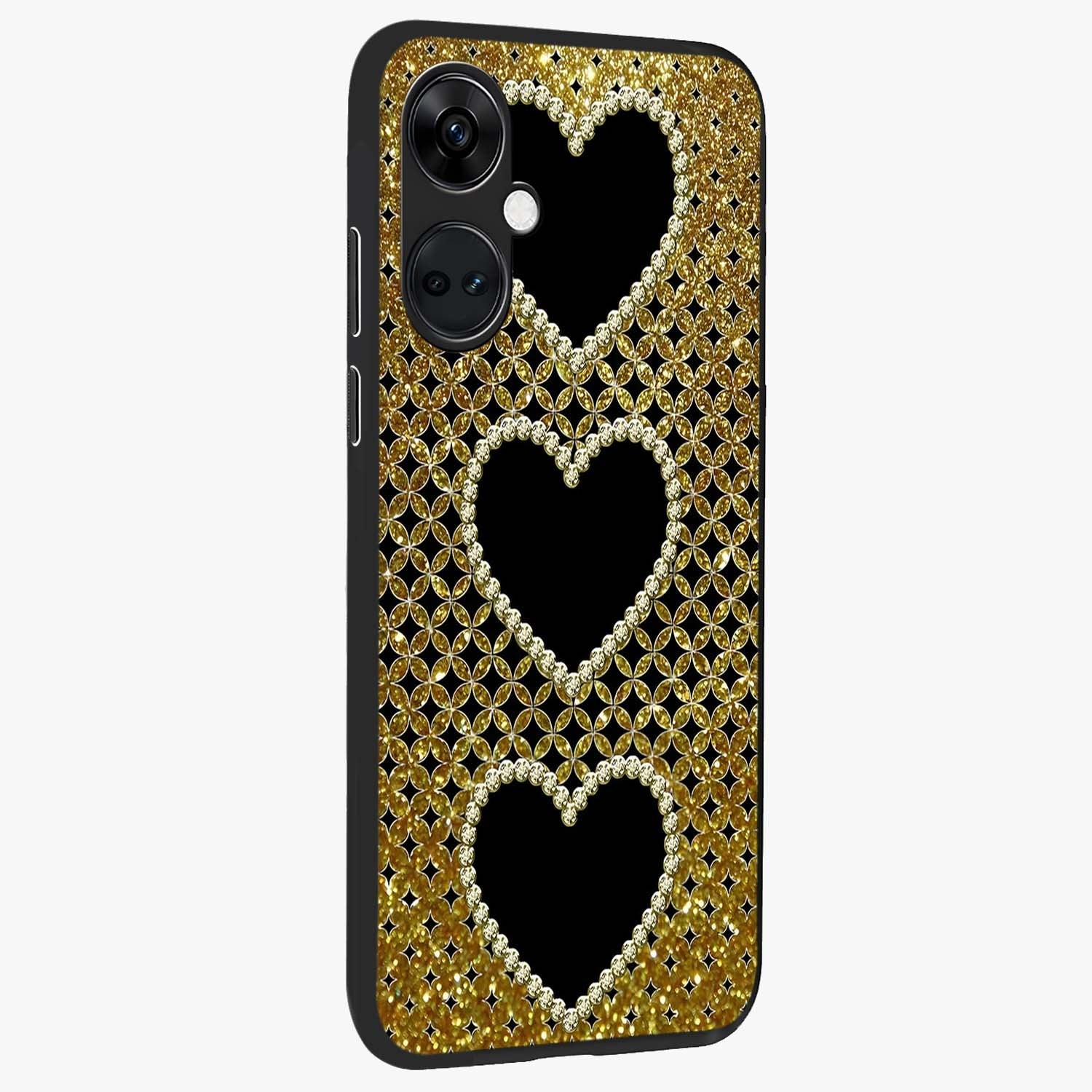 Golden Heart Glow Glass Case for 1+Nord Ce 3 side perspective highlighting smooth heart detailing and premium edges