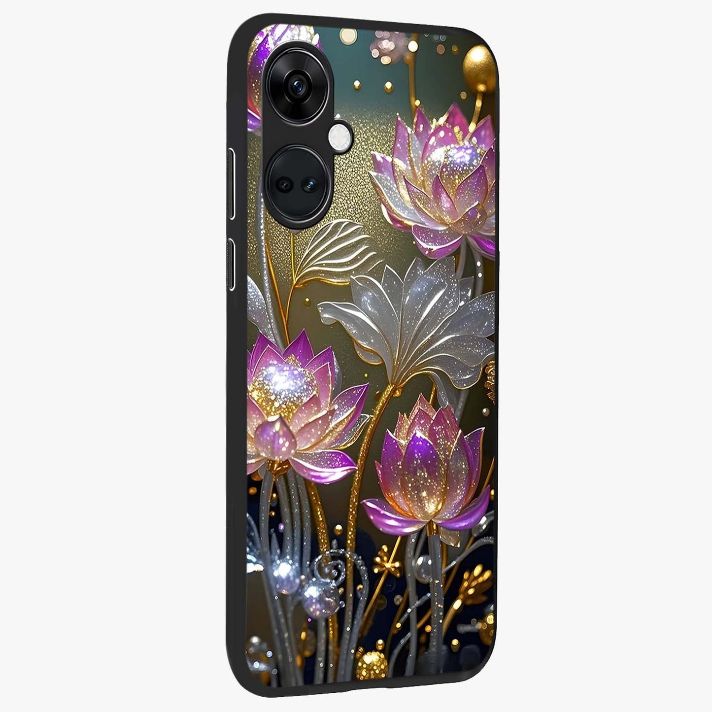 Golden Lotus Glow Glass Case for 1+Nord Ce 3 side perspective highlighting intricate lotus detailing and premium edge finish