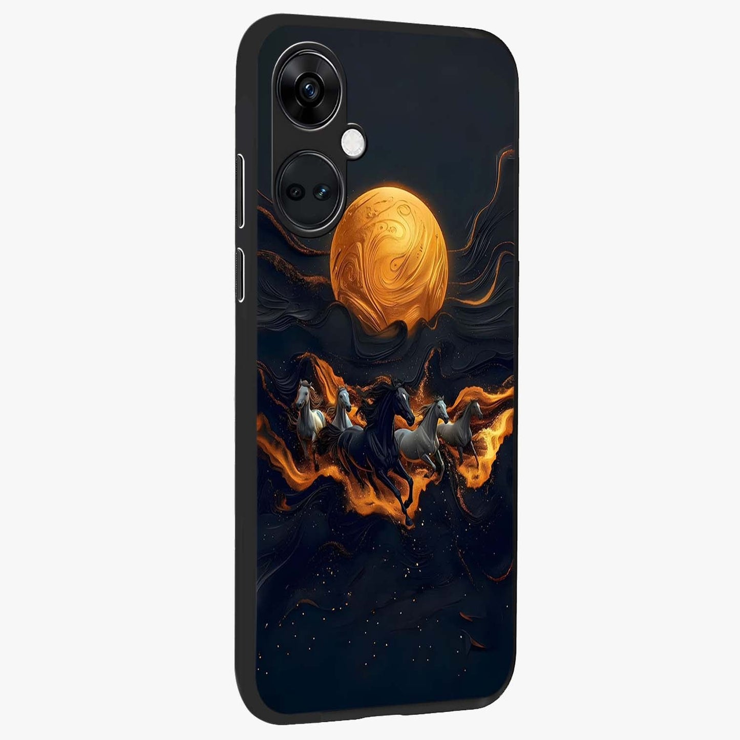 Golden Stallion Moonride Glass Case for 1+Nord Ce 3 side perspective highlighting dynamic equestrian detailing and sleek build