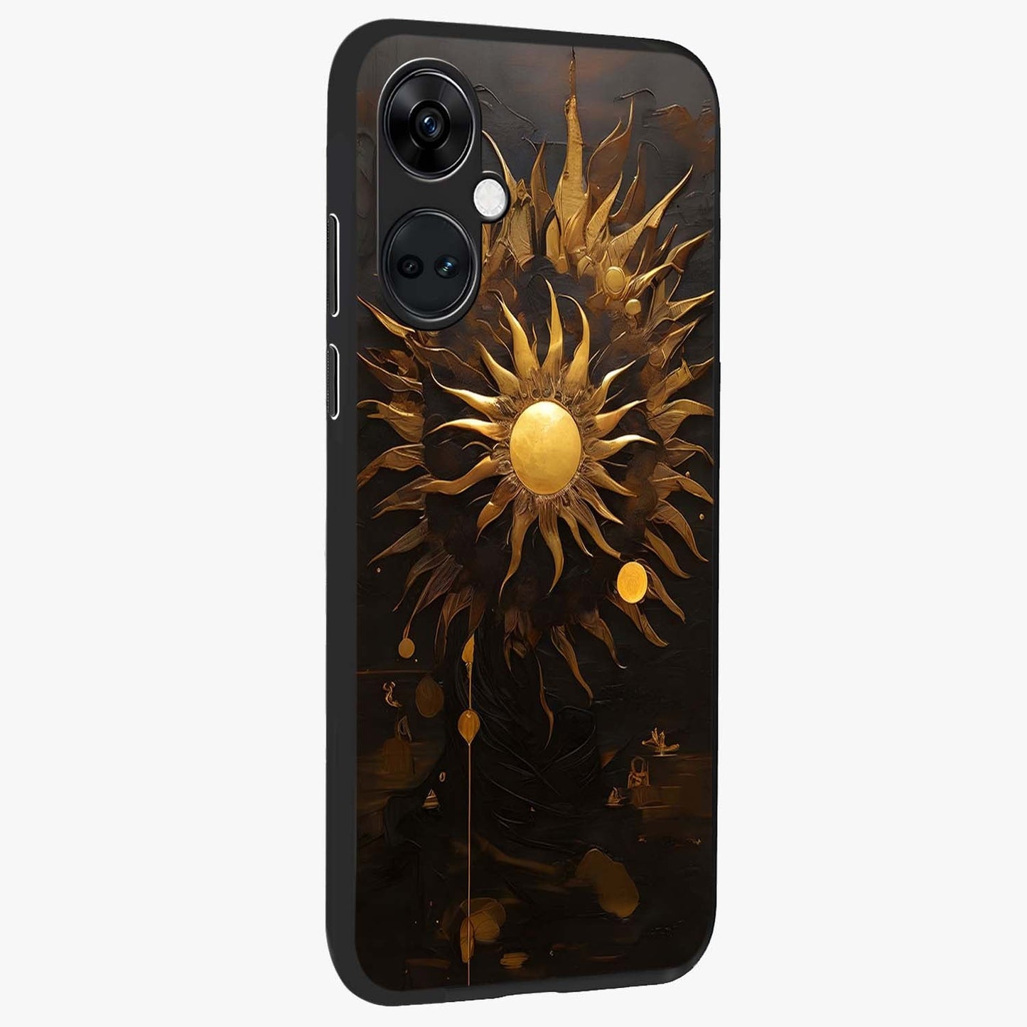 Golden Sun Majesty Glass Case for 1+Nord Ce 3 side perspective highlighting glowing sun detailing and premium edges