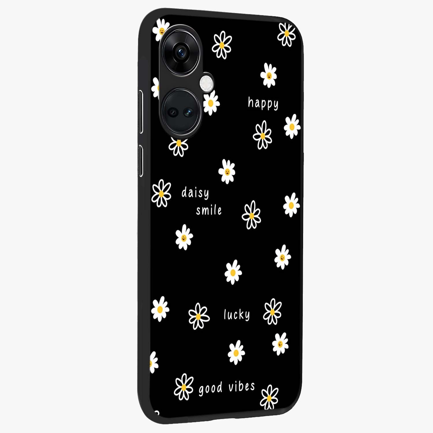 Good Vibes Daisy Black Pattern Glass Case for 1+Nord CE 3 side perspective highlighting playful daisy detailing and smooth edges