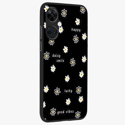 Good Vibes Daisy Black Pattern Glass Case for 1+Nord CE 3 side perspective highlighting playful daisy detailing and smooth edges