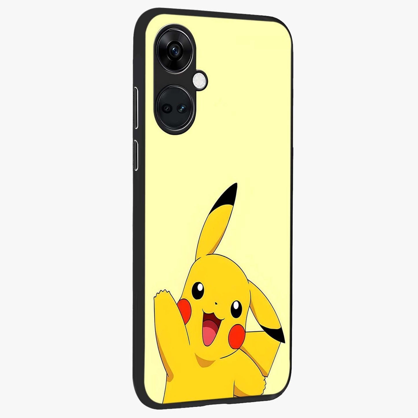 Happy Electric Pikachu Glass Case for 1+Nord Ce 3 side perspective highlighting lively character detailing and sleek build
