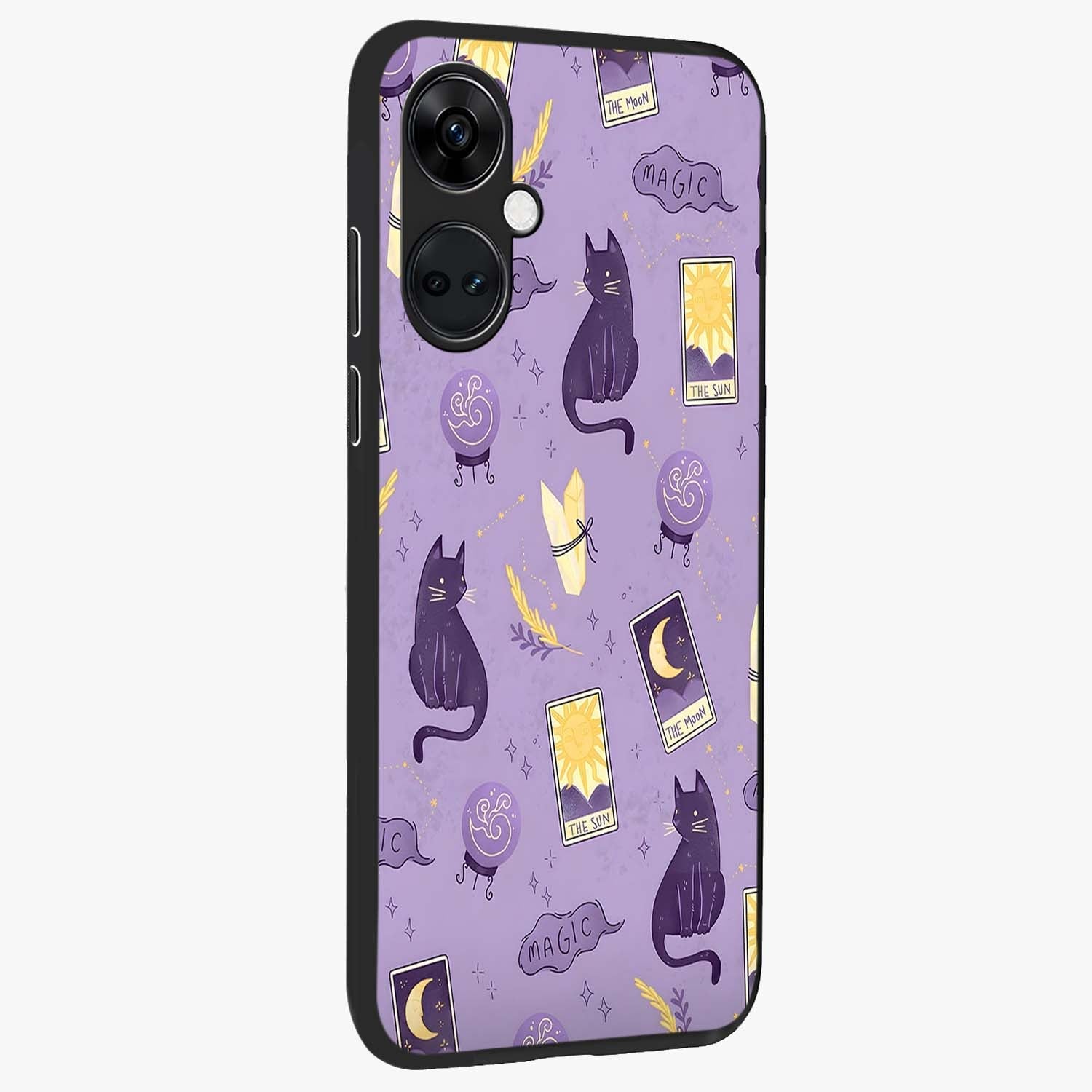 Humble Magic Cats Glass Case for 1+Nord CE 3 displayed upright for cute mystical visibility and premium finish.