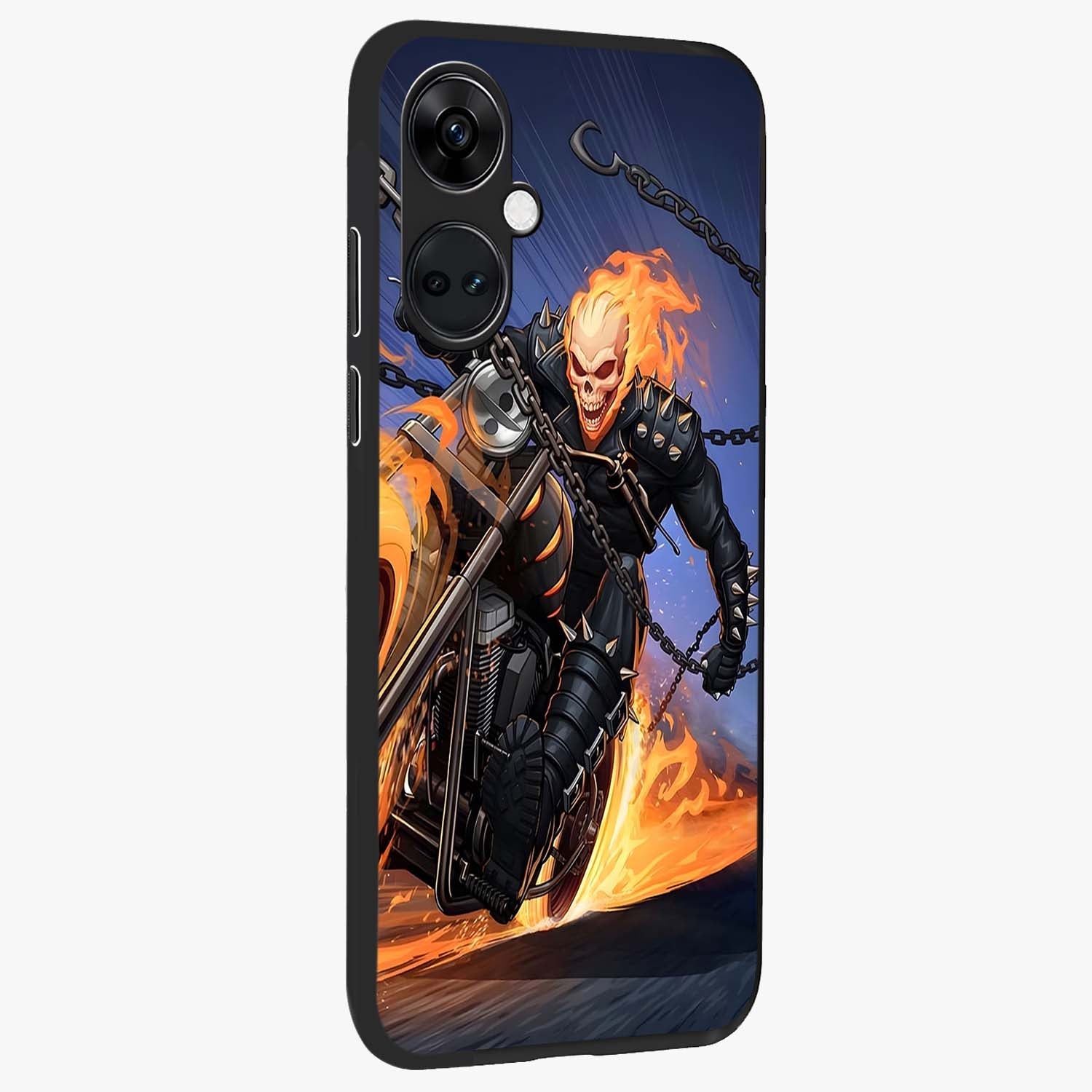 Inferno Chain Rider Glass Case for 1+Nord CE 3 displayed upright for bold action visibility and premium finish.