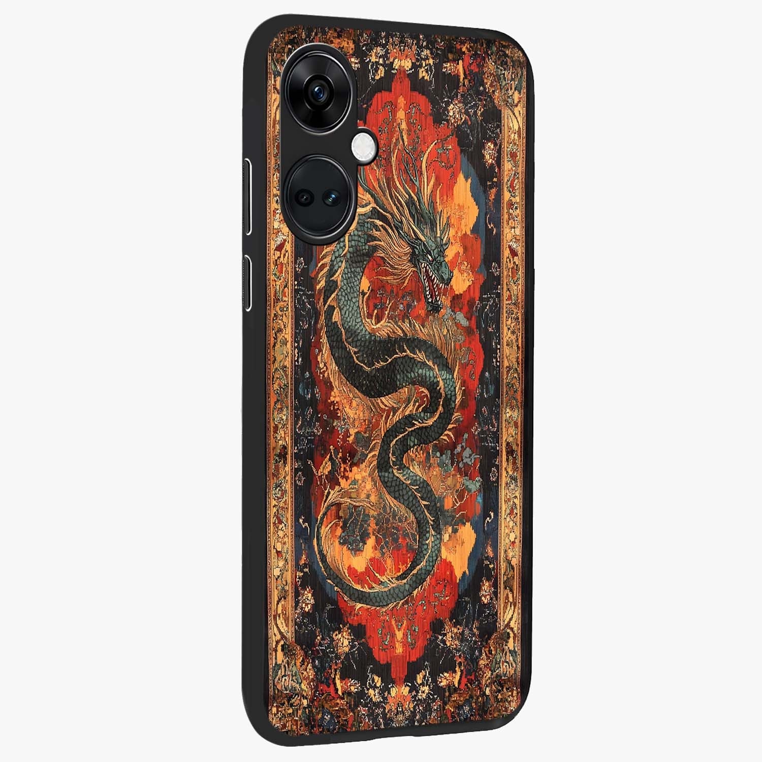 Inferno Dragon Soul Glass Case for 1+Nord Ce 3 displayed upright for powerful mythical visibility and premium finish.