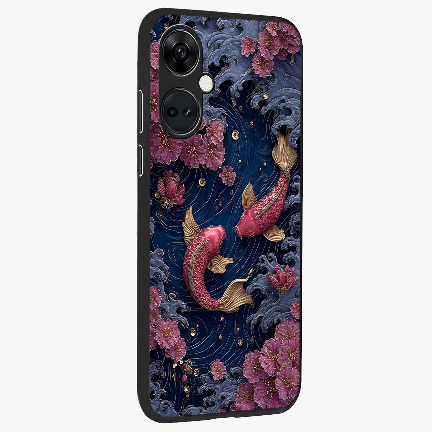 Koi Wave Dance Glass Case for 1+Nord CE 3 side perspective highlighting dynamic motion detailing and smooth build