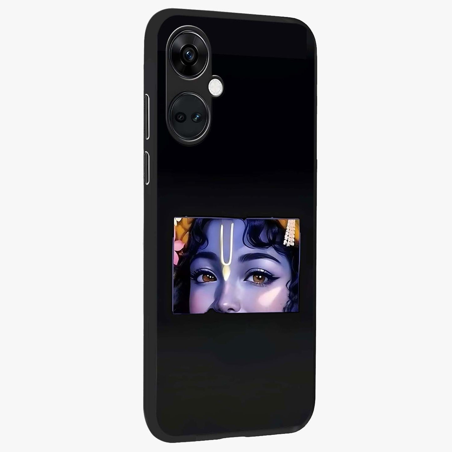 Krishna Divine Embrace Glass Case for 1+Nord CE 3 side perspective highlighting intricate divine illustration and premium edges