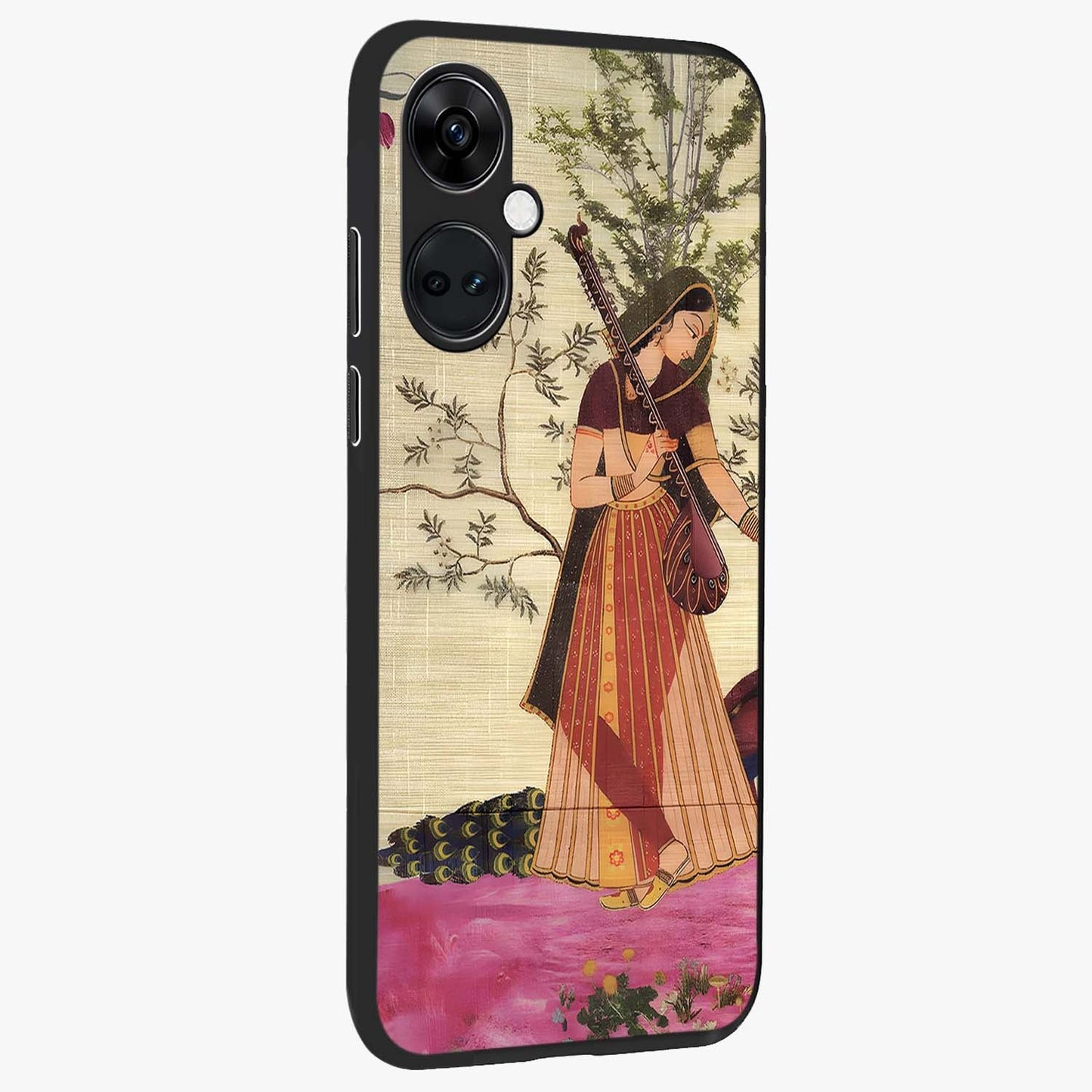 Lady With Veena Art Glass Case for 1+Nord Ce 3 side perspective highlighting graceful illustration textures and sleek build