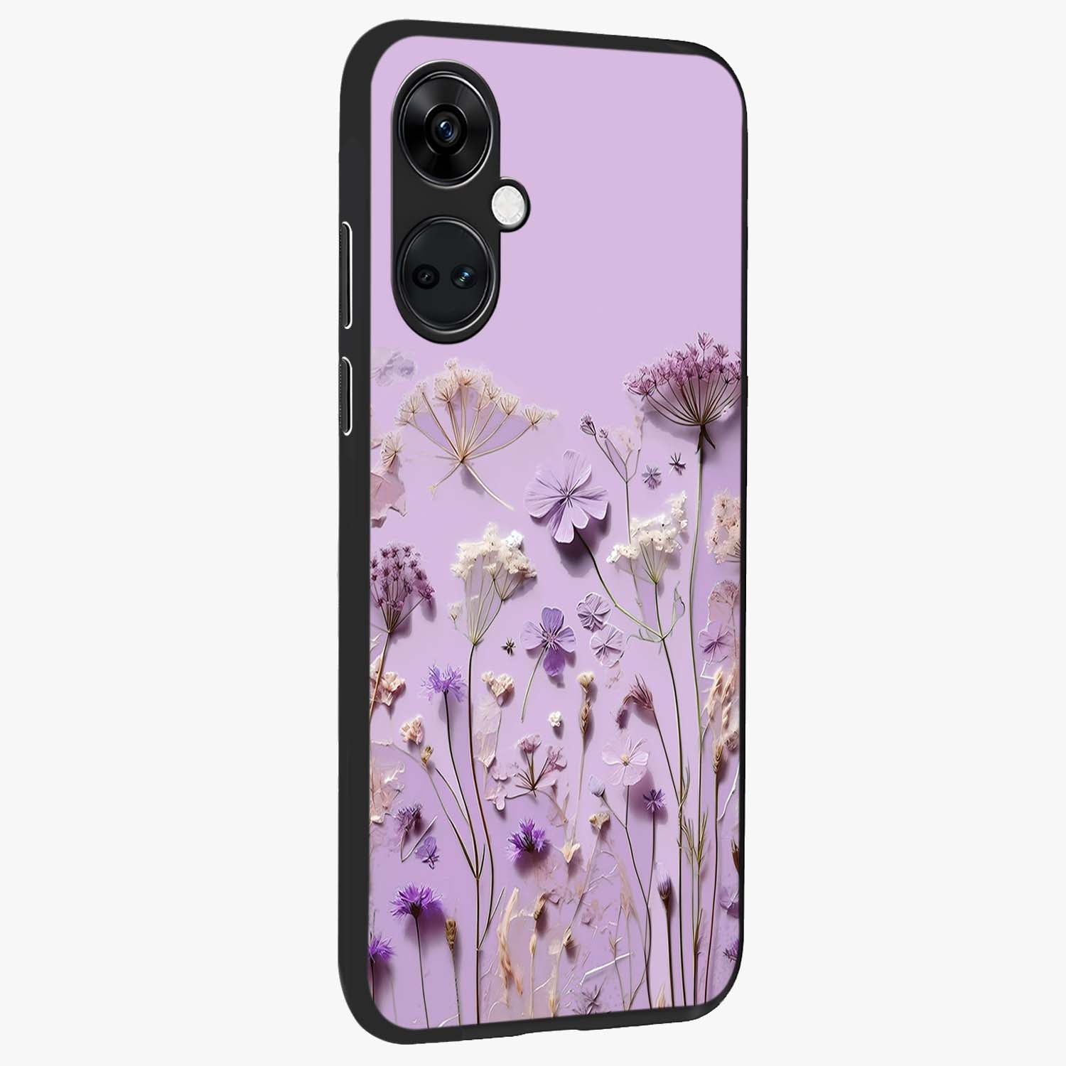 Lavender Blossom Dream Glass Case for 1+Nord CE 3 side perspective highlighting gentle bloom detailing and premium edges