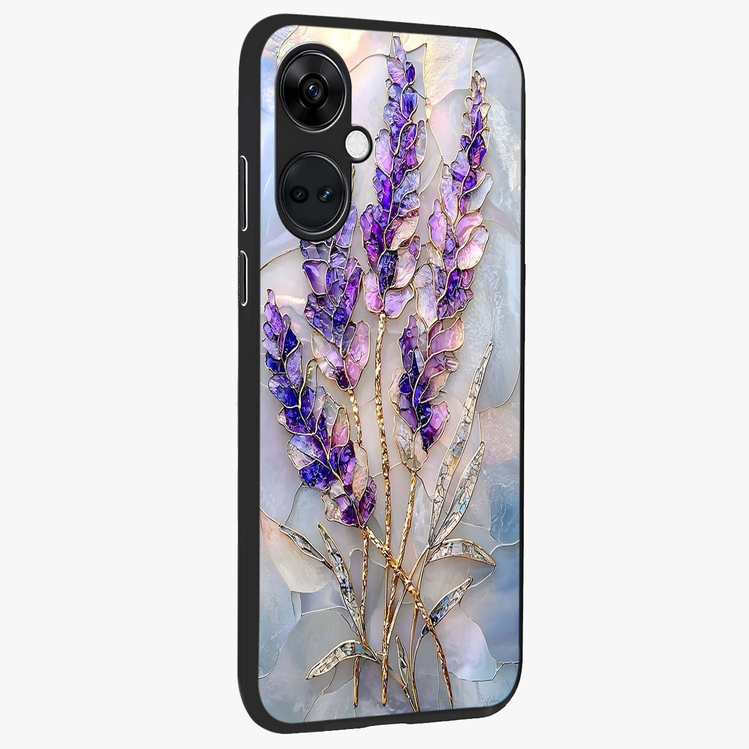 Lavender Dream Glow Glass Case for 1+Nord CE 3 side perspective highlighting vibrant textures and smooth premium build