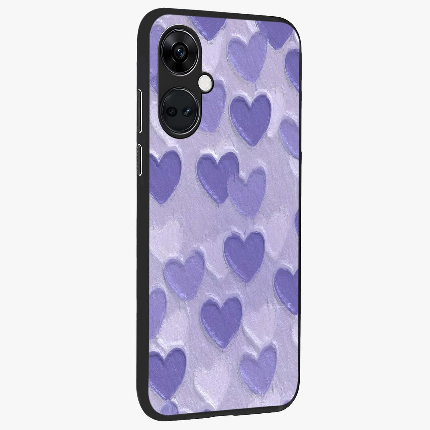 Lavender Paper Hearts Glass Case for 1+Nord Ce 3 side perspective highlighting delicate heart textures and sleek build