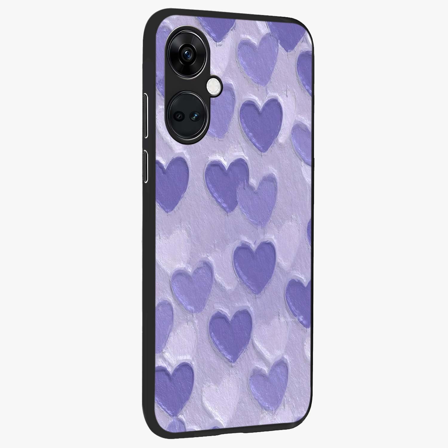 Lavender Paper Hearts Glass Case for 1+Nord Ce 3 side perspective highlighting delicate heart textures and sleek build