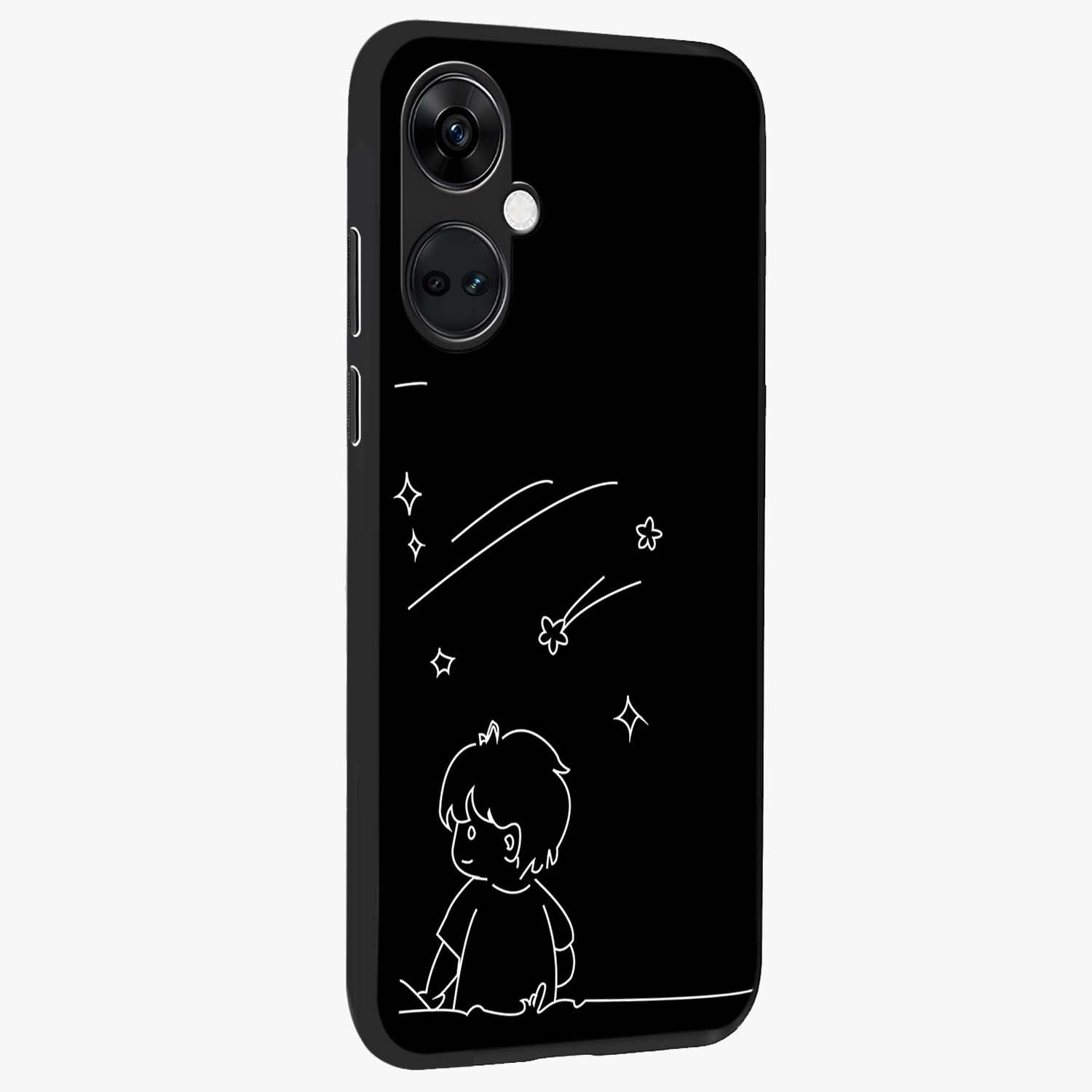 Line Art Boy With Shooting Stars Glass Case for 1+Nord Ce 3 side perspective highlighting delicate line textures and smooth edges