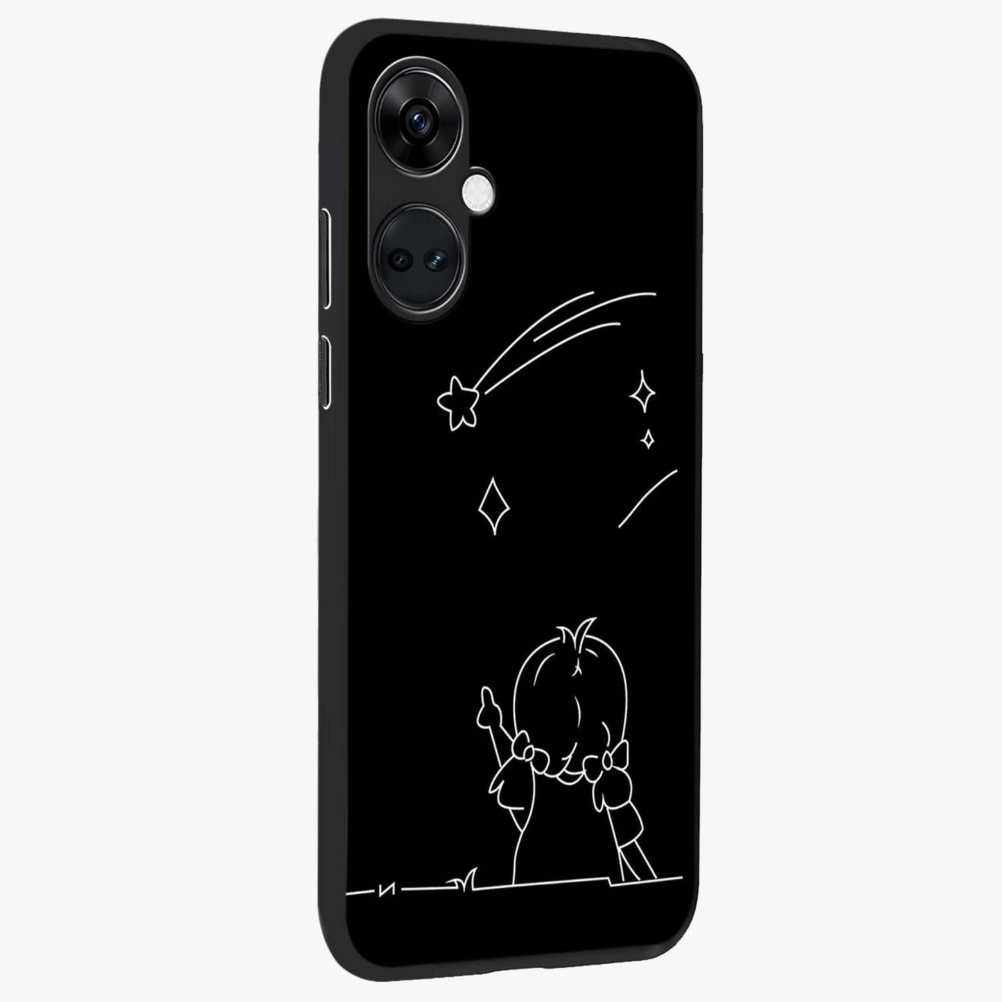 Line Art Girl With Shooting Stars Glass Case for 1+Nord Ce 3 side perspective highlighting subtle star textures and premium build
