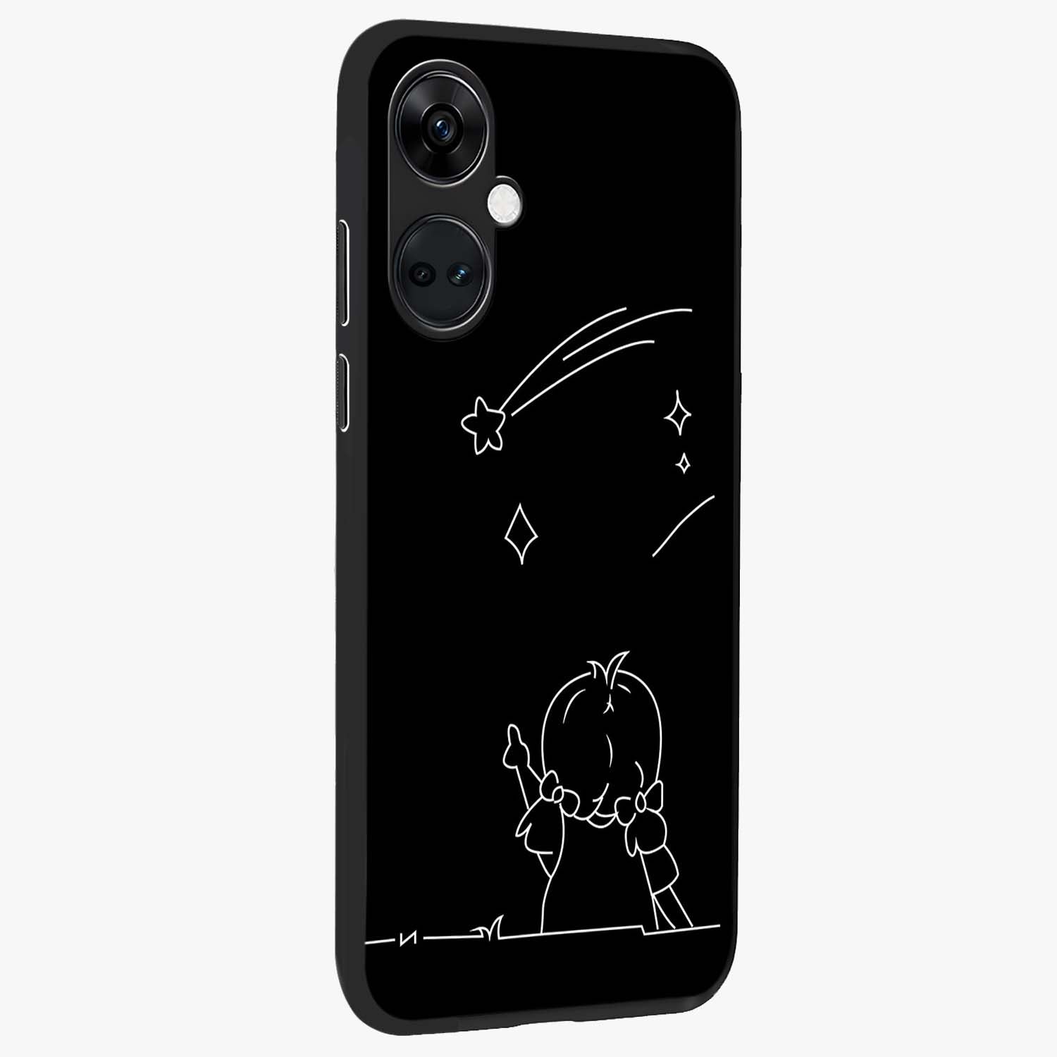 Line Art Girl With Shooting Stars Glass Case for 1+Nord Ce 3 side perspective highlighting subtle star textures and premium build