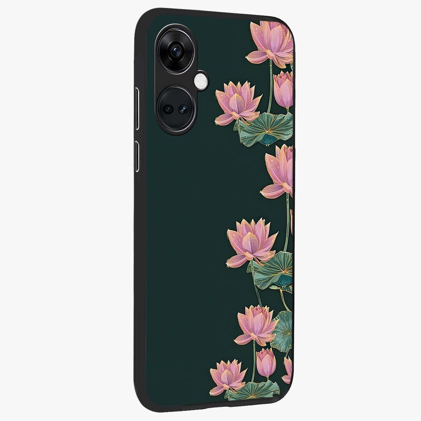 Lotus Bloom Serenity Glass Case for 1+Nord CE 3 side perspective highlighting delicate petal textures and premium edges