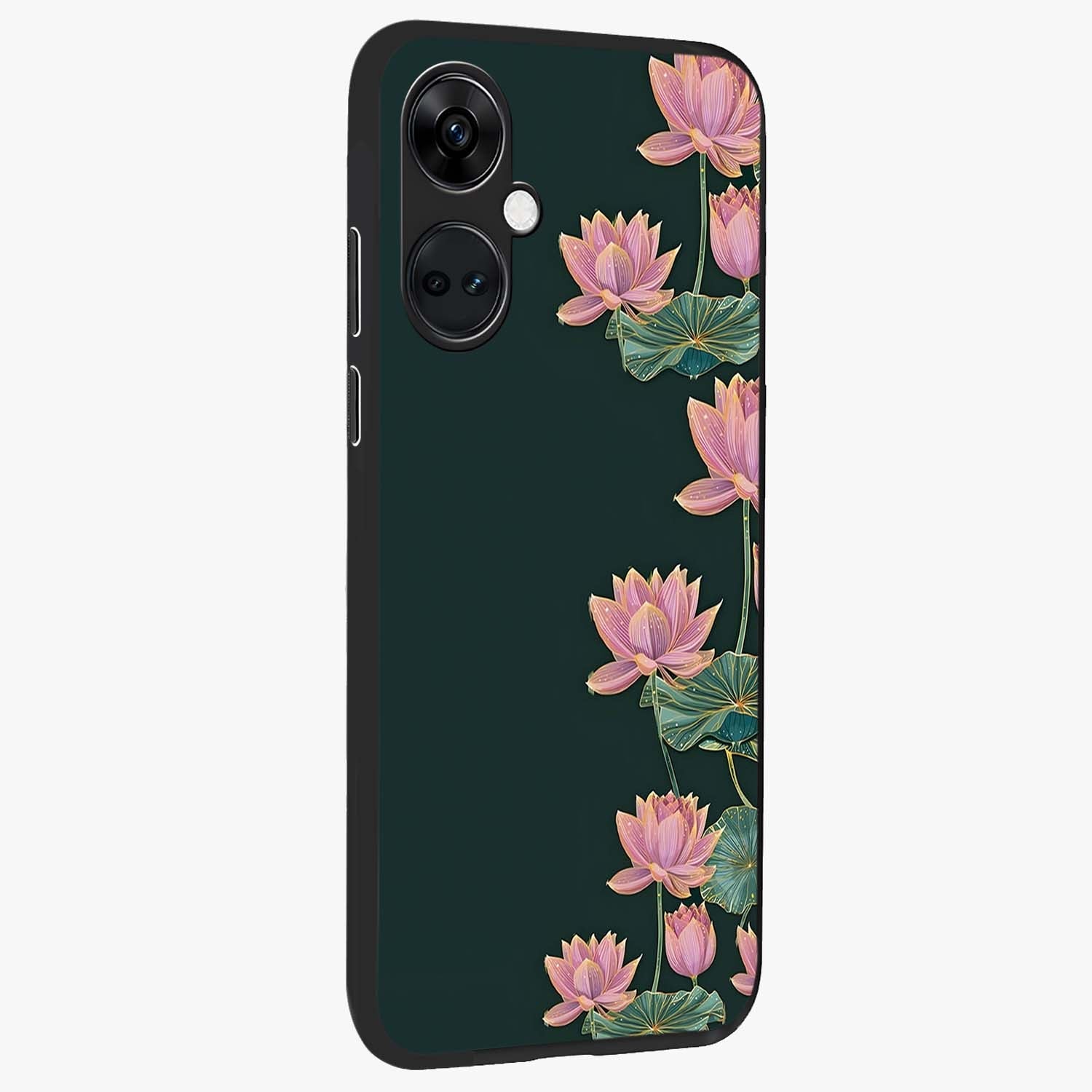 Lotus Bloom Serenity Glass Case for 1+Nord CE 3 side perspective highlighting delicate petal textures and premium edges