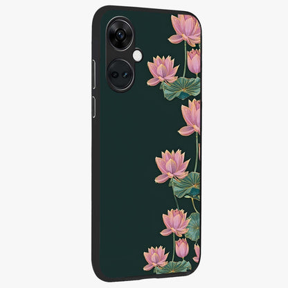 Lotus Bloom Serenity Glass Case for 1+Nord CE 3 side perspective highlighting delicate petal textures and premium edges