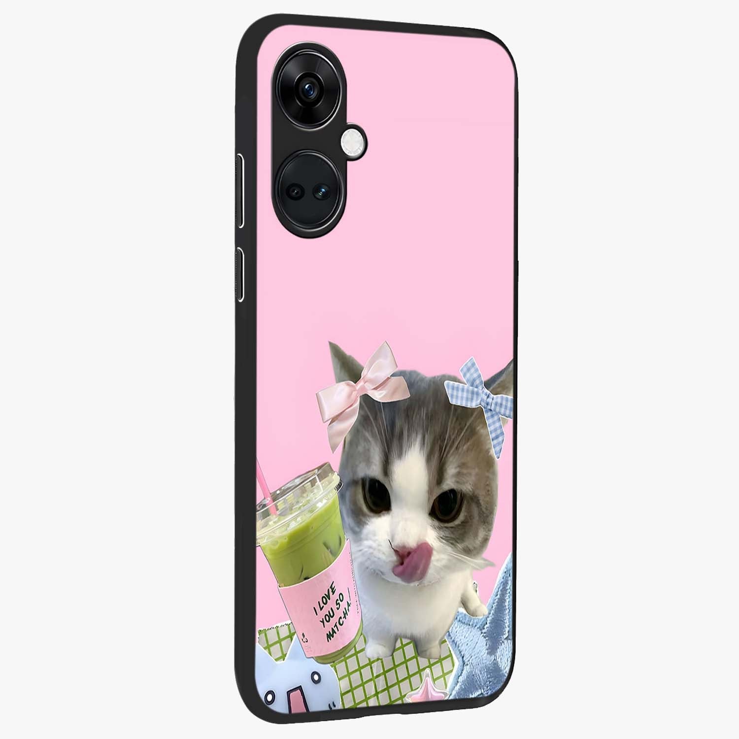Love Matcha Cat Glass Case for 1+Nord CE 3 side perspective highlighting charming feline textures and smooth edges