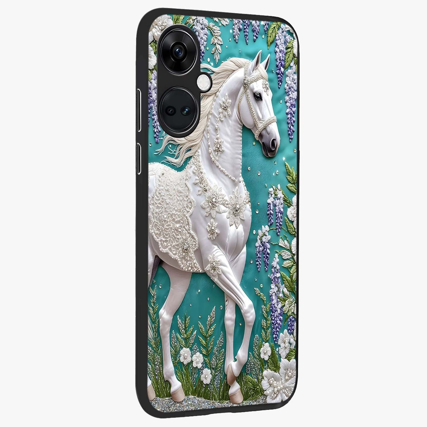 Majestic Floral Stallion Glass Case for 1+Nord Ce 3 side perspective highlighting refined equestrian textures and premium edges