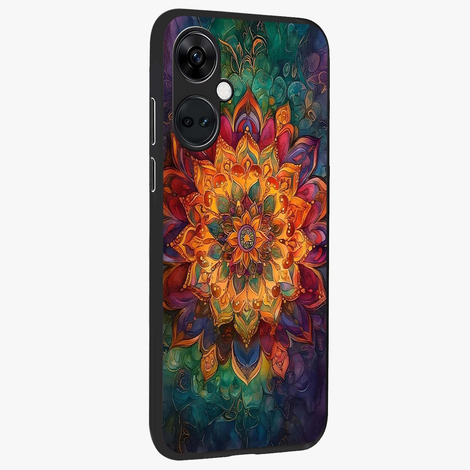 Mandala Vibrants Glass Case for 1+Nord Ce 3 side perspective highlighting vibrant ornamental textures and premium edges