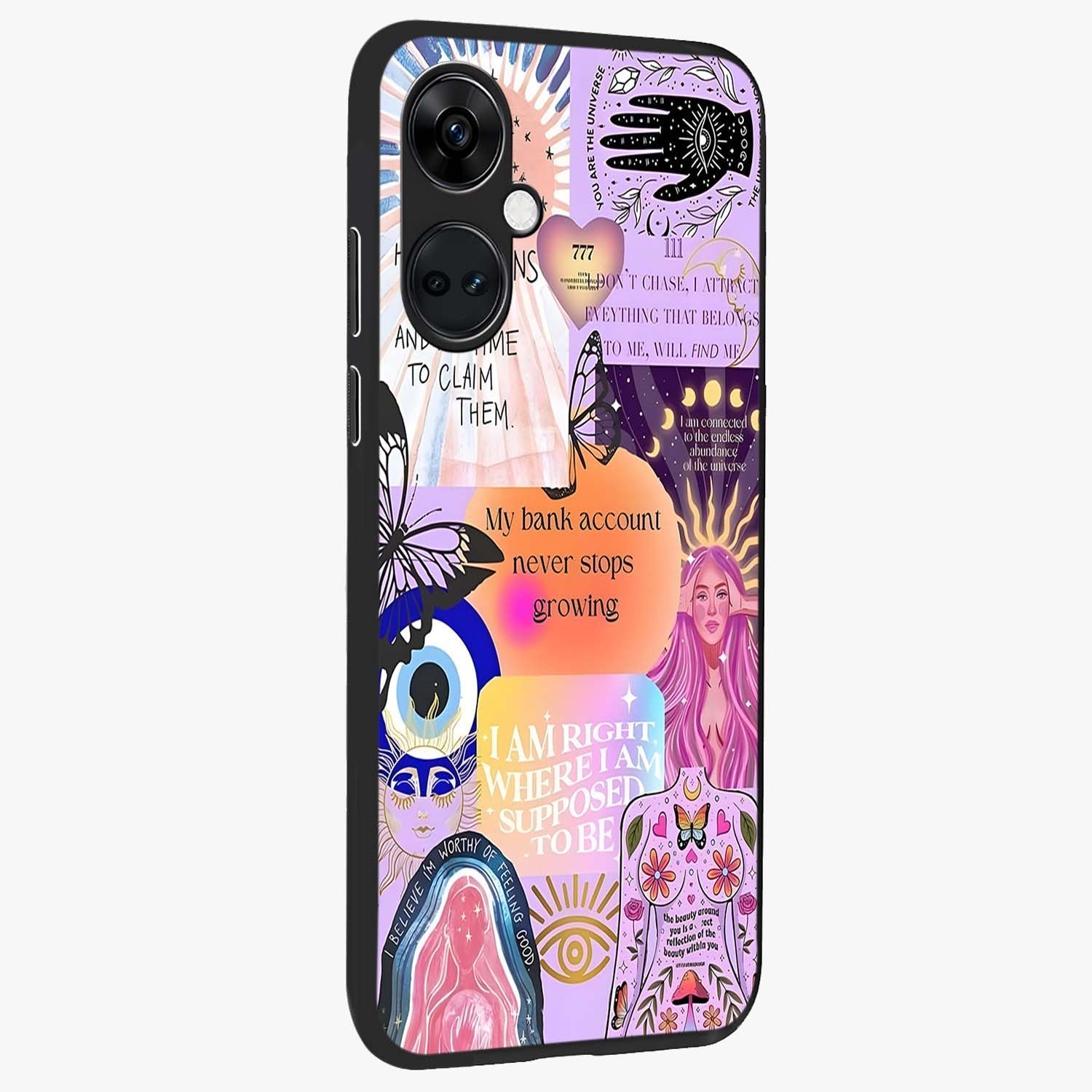 Manifestation Collage Glass Case for 1+Nord CE 3 side perspective highlighting bold collage detailing and smooth build