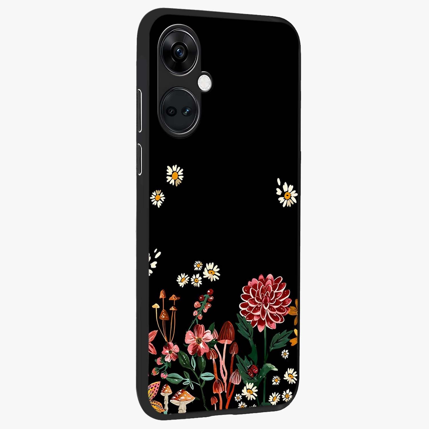 Midnight Bloom Pattern Glass Case for 1+Nord CE 3 side perspective highlighting intricate floral textures and premium edges