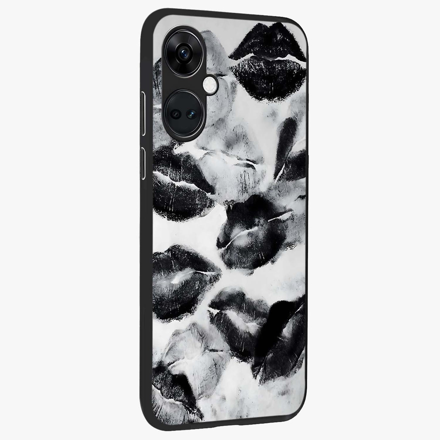 Midnight Kiss Marks Glass Case for 1+Nord CE 3 side perspective highlighting playful detailing and premium edge finish