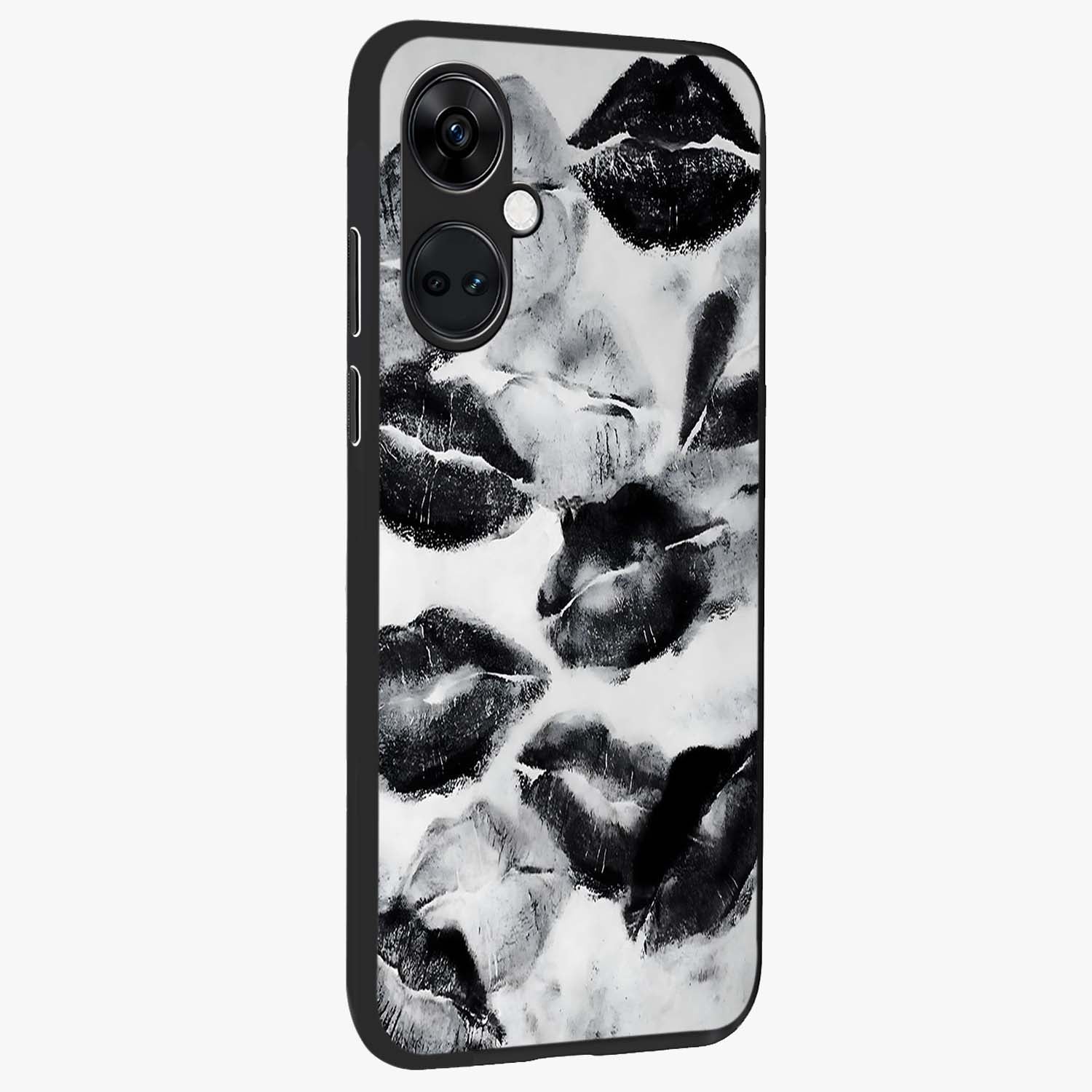 Midnight Kiss Marks Glass Case for 1+Nord CE 3 side perspective highlighting playful detailing and premium edge finish