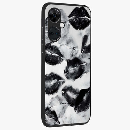 Midnight Kiss Marks Glass Case for 1+Nord CE 3 side perspective highlighting playful detailing and premium edge finish